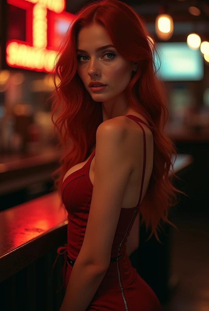 (full body shot:1.7) photorealistic image of a (laying pose:1.3) woman, ultra realistic, photography, long red hair, girl, 24 years old, hourglass figure, perfect body, natural medium breasts, A hyper realistic image, with richness in details, with blue and purple bright colors in the cyberpunk style, of a 21 year old woman having a drink, with a very sensual and attractive expression, your hands are perfect and detailed, your hair very well detailed, in the blurred background you can see many men looking at her, she loves attention and teasing, hot body, realistic,detailed, smooth, sharp focus , realistic, highly detailed, sharp focus, nsfw.