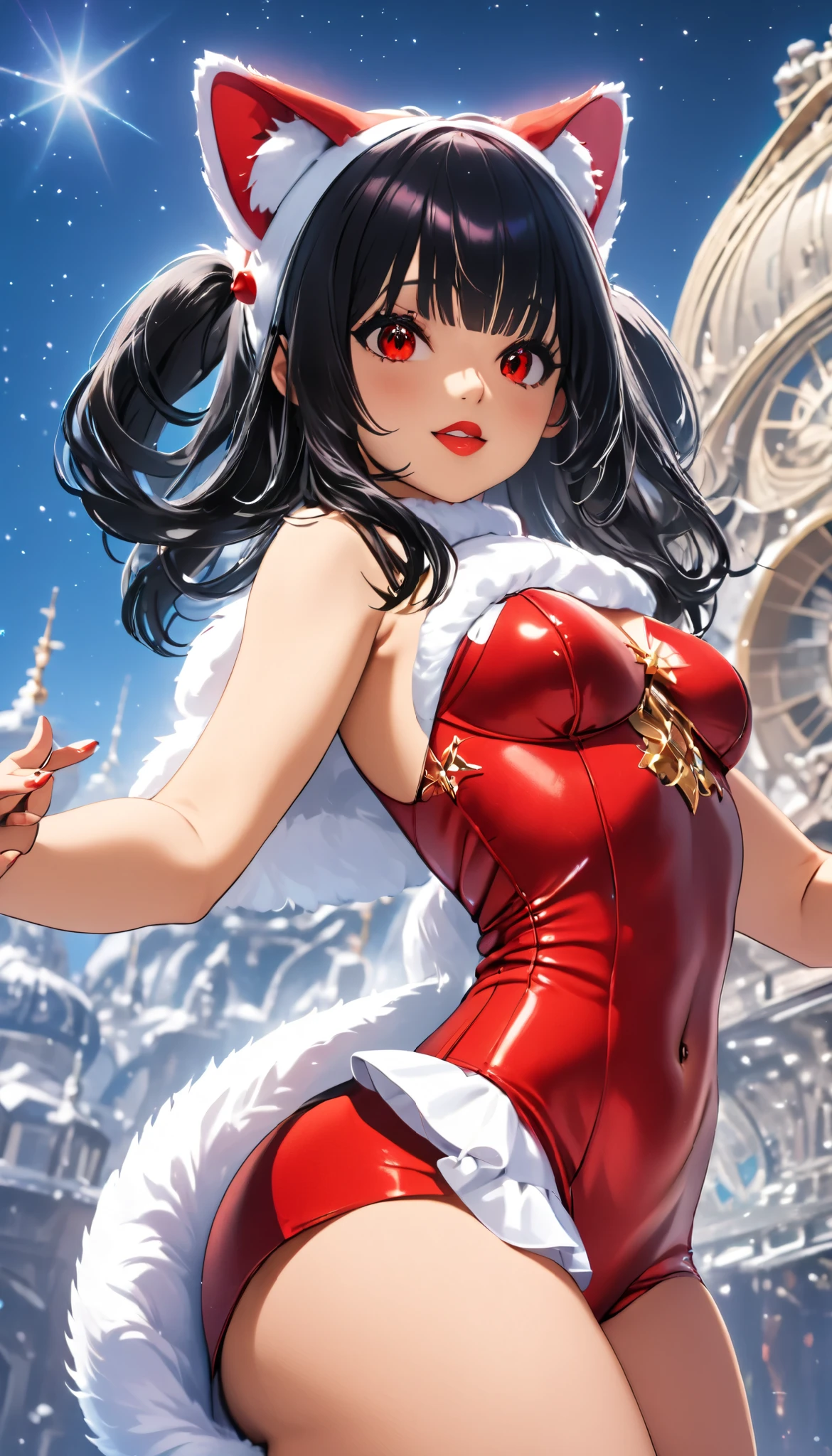 Sexy female hologram in Santa dress with Santa hat, ( junkotvvxl, black hair,  straight bangs , cat ears, red eyes), green team, inteligencia artificial, señor supremo de la IA, hologram, holographic,  round, cyberspace, vivid, extremely beautiful  round piercing eyes, looking at the viewer,  Movie Scene , Hero view , action pose, Scenery,  detailed background ,  masterpiece ,  better quality ,  anatomy, intricate, elegant,  absurdres, 8K 