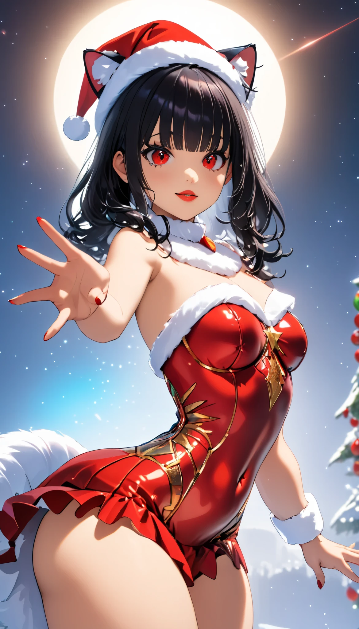 Sexy female hologram in Santa dress with Santa hat, ( junkotvvxl, black hair,  straight bangs , cat ears, red eyes), green team, inteligencia artificial, señor supremo de la IA, hologram, holographic,  round, cyberspace, vivid, extremely beautiful  round piercing eyes, looking at the viewer,  Movie Scene , Hero view , action pose, Scenery,  detailed background ,  masterpiece ,  better quality ,  anatomy, intricate, elegant,  absurdres, 8K 