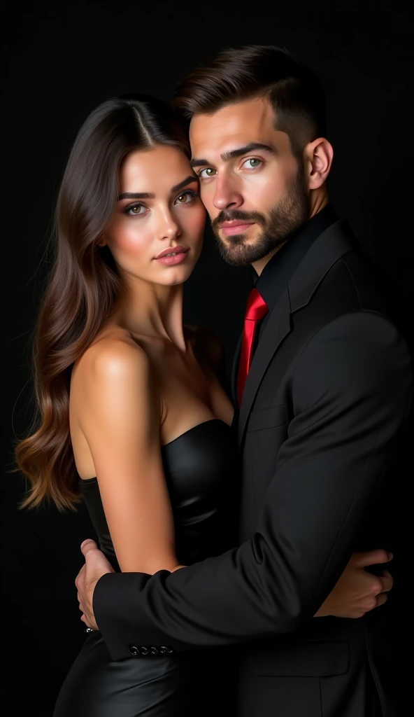 Homem de barba curta forte de terno preto e mulher de vestido vermelho, um casal elegante, Lovely couple, romantic couple, homem e mulher, Photo Session, com longos cabelos pretos, Homem e mulher apaixonados, foto de retrato, pose de casal, par, attractive female, vestindo roupas pretas elegantes, com cabelos pretos, apelo masculino alta moda, Fumegante, muito intenso, sensual, homem musculoso, musculos