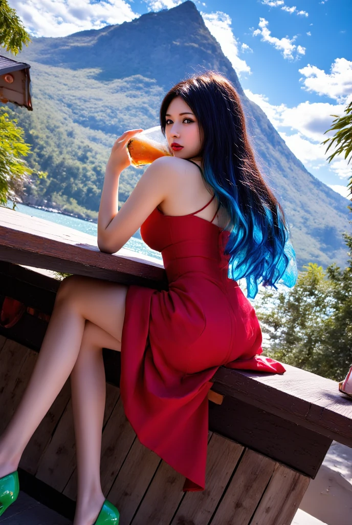 Woman 1.48 m white skin and amber eyes, black hair with blue tips long to the waist wavy, curvy body with big breasts slim legs, red strapless dress and green high heels, sitting drinking iced tea in a small restaurant with mount fuji in the background 