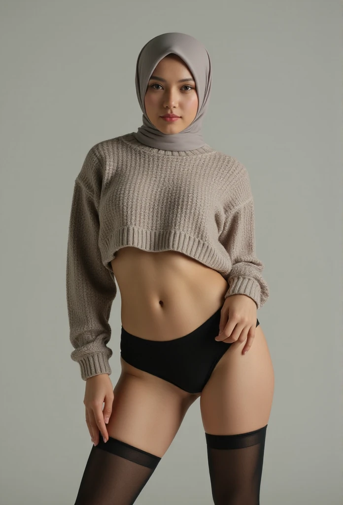 malay hijab, sweater, petite, crop top, cleavage, transparent yoga legging, cameltoe