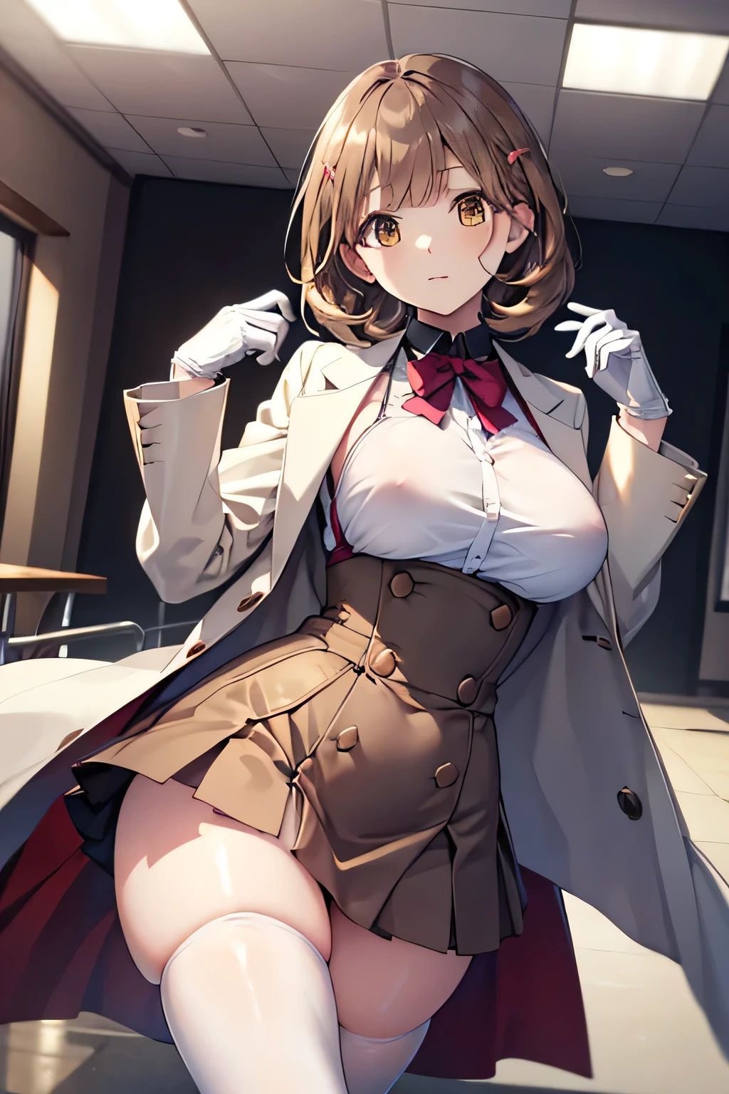 , brown hair, yellow eyes, medium hair up to buttocks,Big Breasts,Bust 85cm,Crotch Tightening , micro string bikini , open legs pose , ryoukadef , labcoat, white thighhighs, white gloves, pink skirt, high-waist skirt