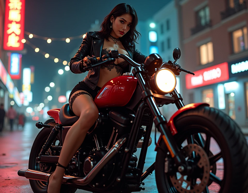 masterpiece, best quality, Confident cyberpunk girl, full length, ((sitting on a motorcycle)), sexy outfit, Bold colors and patterns, Attractive accessories, Fashionable and innovative hairstyle, Bright makeup, Dazzling cityscape style cyberpunk, skyscrapers, neon signs, LED lights, Vibrant and rich color scheme, anime, illustration, Detailed skin texture, Detailed fabric texture, beautifully detailed face, intricate details, ultra detailed.