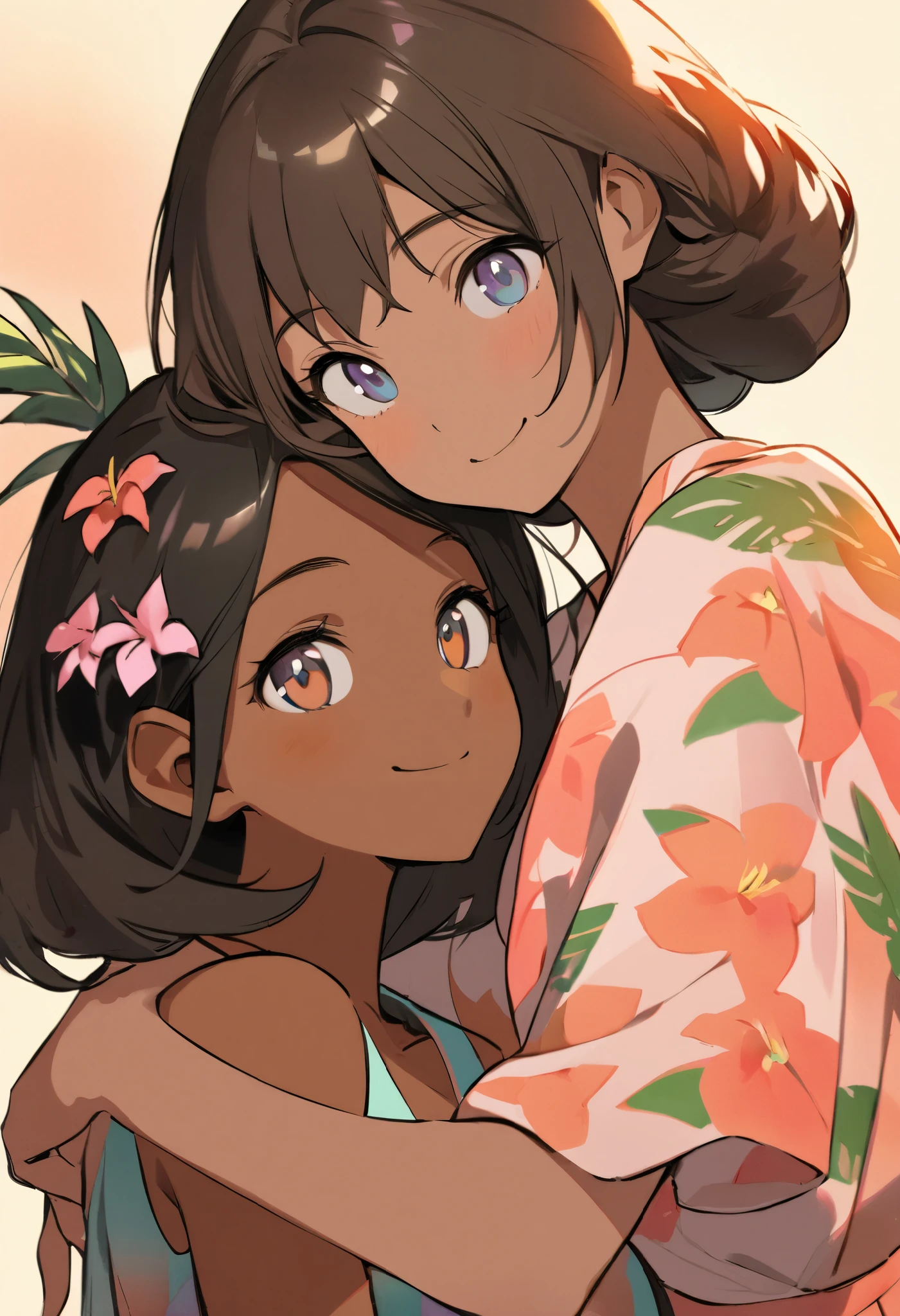 Surrealism,Charcoal sketch,best quality,2girls,long brown hair,flowers in hair,tropical dress,tan skin,smiling,affectionate pose,hand on shoulder,bright eyes,tropical vibes,warm lighting,close-up composition,delicate shading,soft expression,sunset-inspired colors,minimal background
