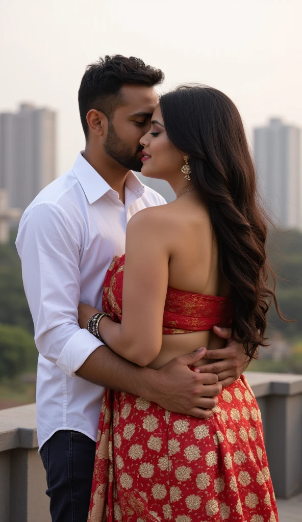 Pornstar jia lissa with her black boyfriend Jason luv, outdoor garden field  sassy photoshoot, (jia wearing full Indian saree ),(red lipstick, sexy bright face), (intricate detailing of face eyes nose mouth full lips & body parts), textured skin, smile:0.6, eyes symmetry, face symmetry, 256K and Jason luv wearing Indian kurta,both are hugging, HDR, hyper realistic, intricate detailing, yotta-pixel image, yocto-pixel detailing, super realistic,4k, HDR, detailed image, full cover saree, full body capture, whole body capture in this picture 