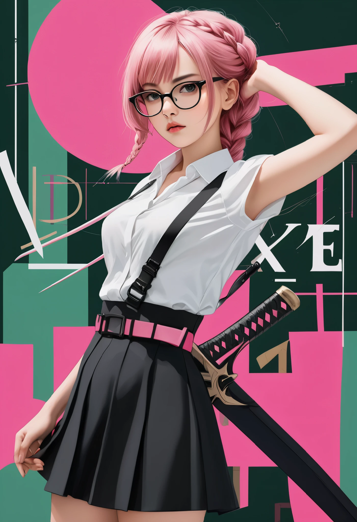 Abstract Expressionism,Collage art,best quality,1girl,pink hair,braid,glasses,serious expression,sword,formal attire,white shirt,black skirt,harness,belted straps,sword sheath,futuristic accessories,posing with arms raised,dynamic composition,modern typography background,pastel pink and dark green accents,graphic art influence
