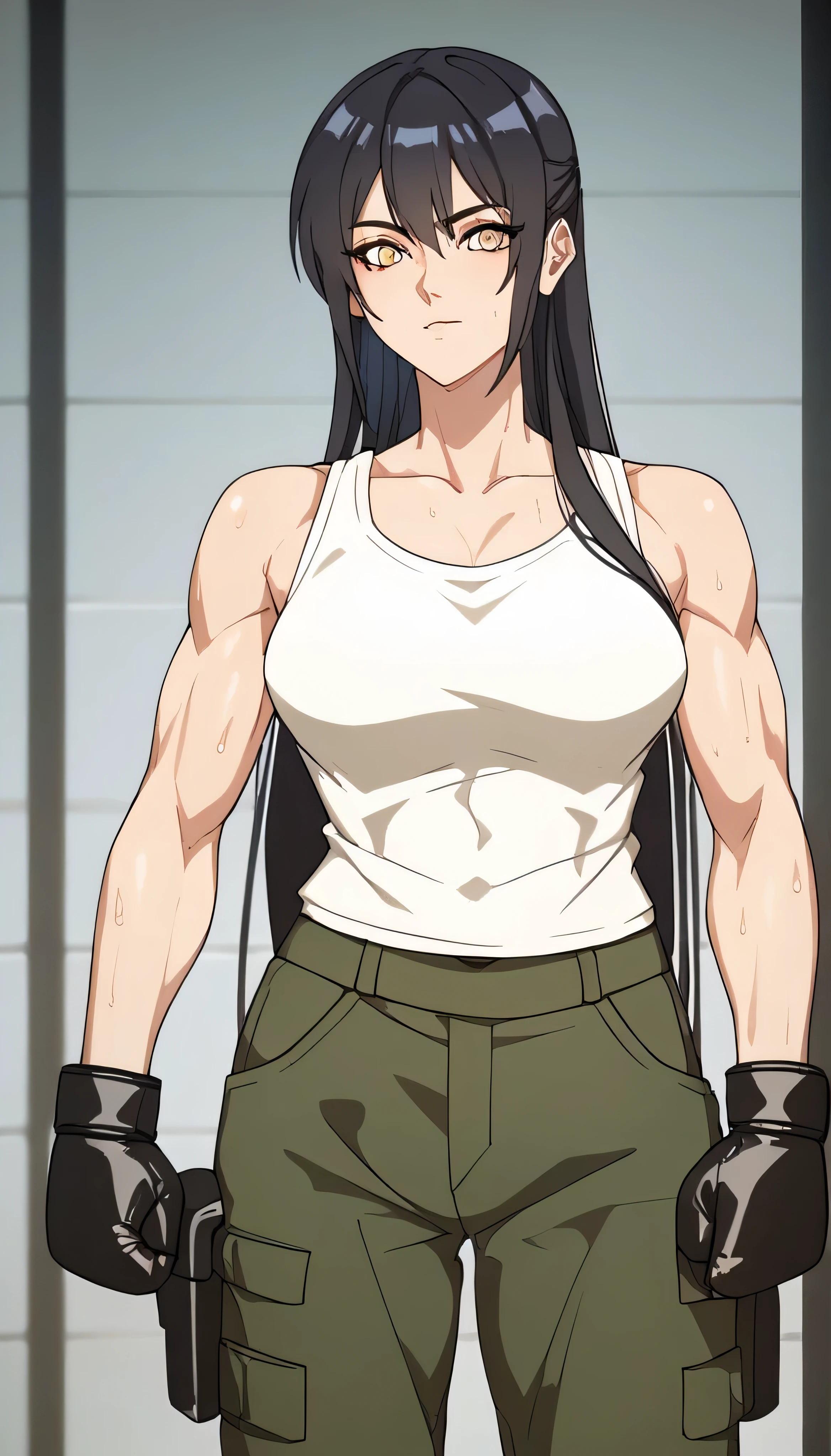 black hair,masterpiece,best quality,highres,ultra-detailed,aashizue,yellow eyes,long hair,cargo pants,(tank top:1.2), boxing gloves,toned, muscular,sweating, (sleeveless:1.4),cowboy shot,