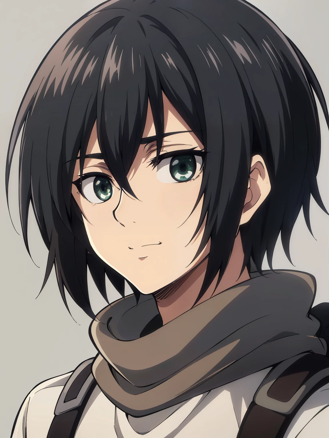 (high-quality, breathtaking),(expressive eyes, perfect face) 1boy, male, solo, portrait, narrow eyes, kind face, neutral expression, soft cute smile, aot style, portrait, Symmetrical Eyes, black hair, green eyes, teenager, grey background, brown grey coat, grey turtleneck shirt, green backpack, black pants, mappastyles4, fluffy hair, half closed eyes, looking at viewer, facing viewer, red scarf, yeenager, young face
