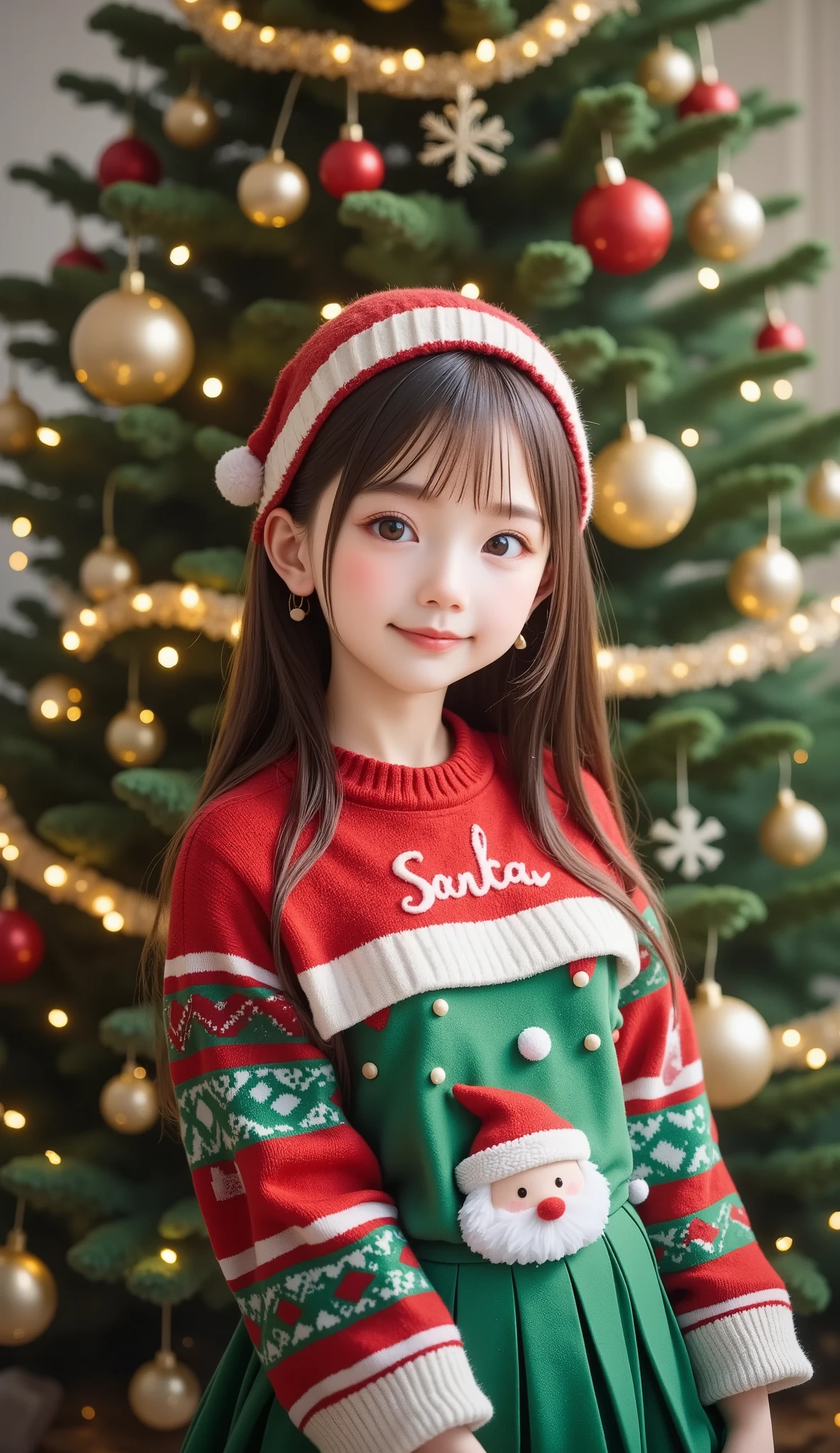  top quality、 super detailed、 very cute girl、Brown Hair、 long hair、 long straight hair 、(((" Santa Claus"Red knit 、 ugly knitted sweater with the inscription )))、Christmas tree green long skirt、