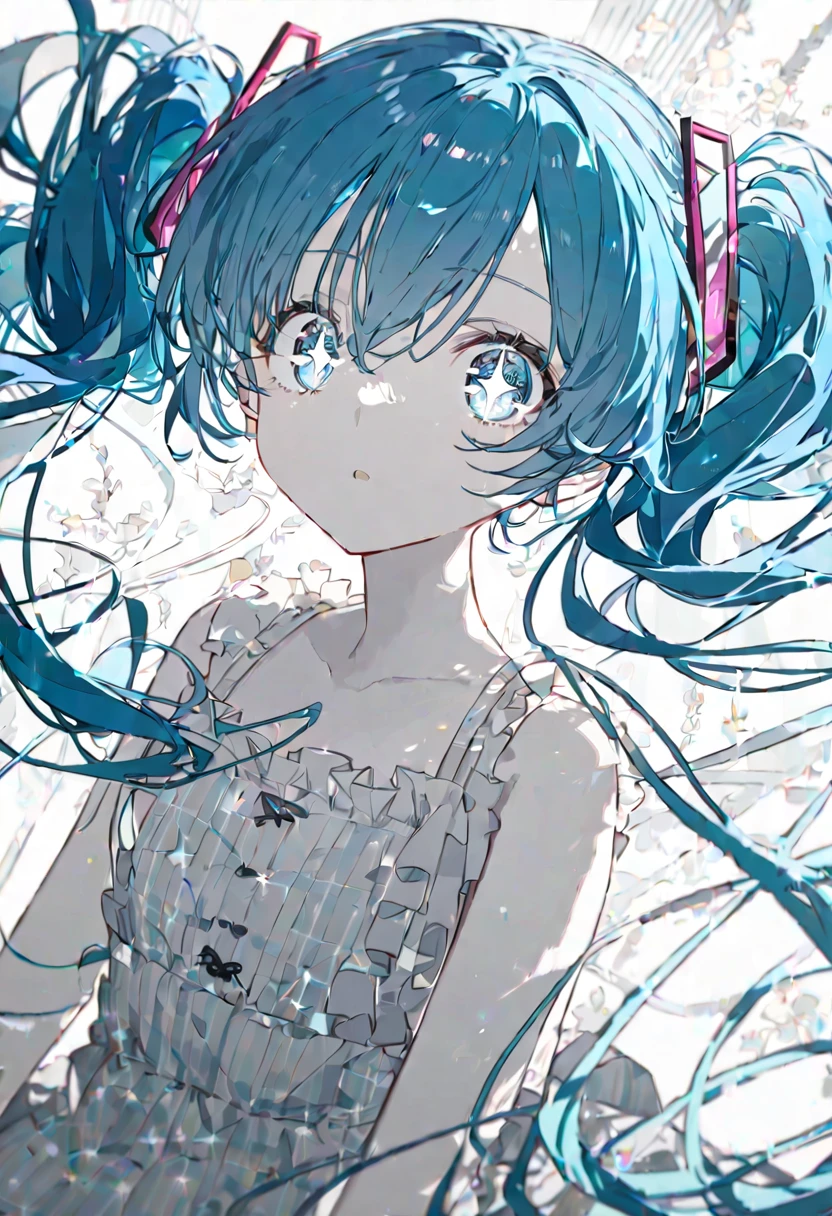 best quality, beautiful, absurdres, two Women, HatsuneMiku and Kasane Teto, neutral, sitting on the floor, looking at viewer,HatsuneMiku(( long twin tail hair, white sky blue hair, with sparkling eyes, white eyes, eyes open, pale skin, tall, dress)), teenager, white background, beautiful, soft lines, upper body, from side, overhead shot, with angel wings on back,Close,transparency illustration, Calm colors