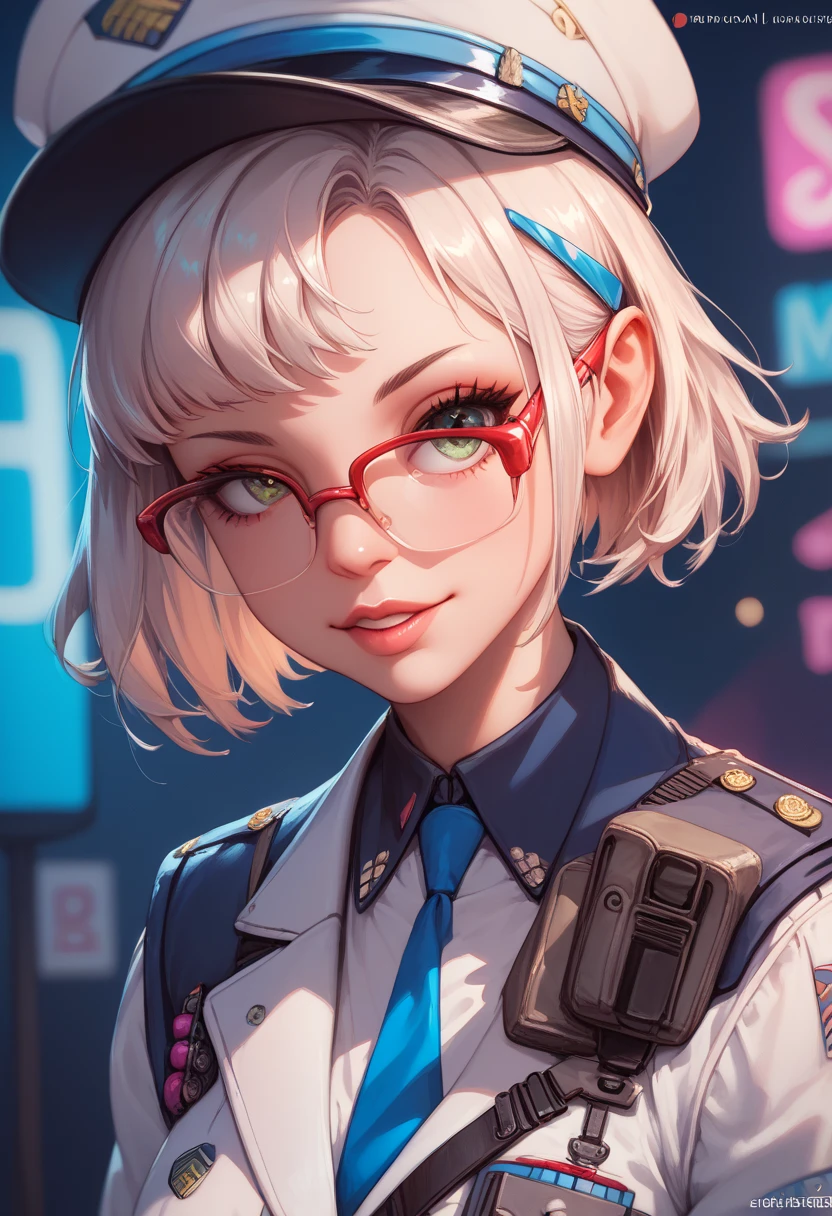 neon, short hair, white color, glasses,  uniform 