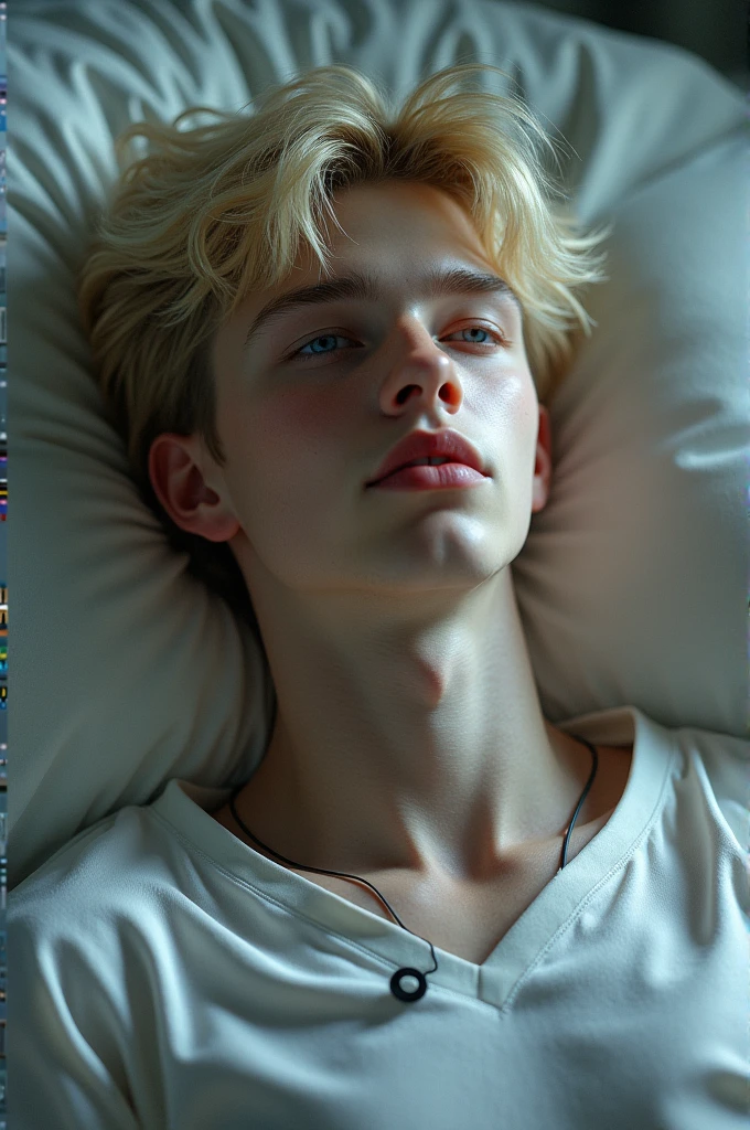 Portrait of a 16 year old young man, shirtless, blushing, blonde, in bed, red velvet, handsome supermodel, Greek profile, Greek face, strong jaw, white skin, extremely pale skin, attractive boy, blonde boy, cinematographic, best quality, sharpness, focus on the boy, anatomical perfection, golden ratio, open legs, red underwear, bluge, perfect anatomy, perfect symmetry, facial symmetry, body symmetry