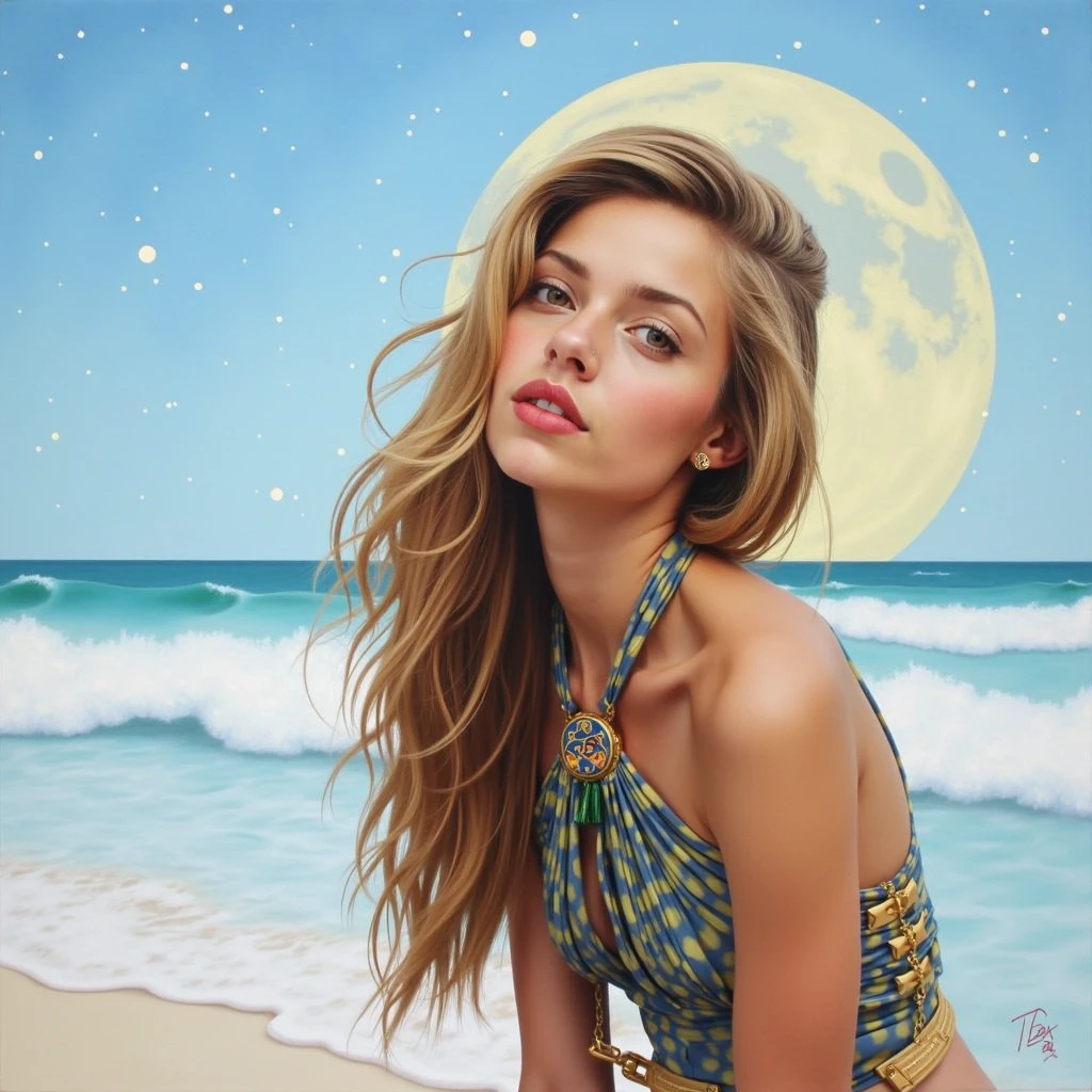 A woman lying on the beach,Pictures of shells all around, Carol Buck Wood, Hot summer hippies, Beautiful painting, Detailed 4k oil painting, Summer Goddess, Beautiful painting, Girl on the beach, Beautiful and gorgeous digital art, hippie girl, Intricate oil painting artwork, Beautiful lady, beautiful goddess, intricate Beautiful painting, amazing art, Stunning artwork