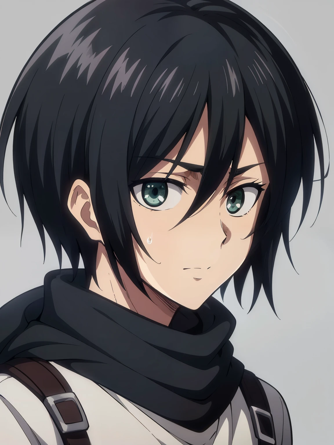 (high-quality, breathtaking),(expressive eyes, perfect face) 1boy, male, solo, portrait, narrow eyes, kind face, neutral expression, soft cute smile, aot style, portrait, Symmetrical Eyes, black hair, green eyes, teenager, grey background, brown grey coat, grey turtleneck shirt, green backpack, black pants, mappastyles4, fluffy hair, half closed eyes, looking at viewer, facing viewer, red scarf, yeenager, young face, apocalypse clothing
