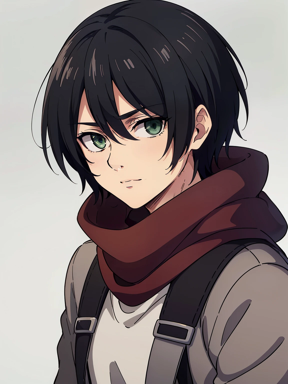 (high-quality, breathtaking),(expressive eyes, perfect face) 1boy, male, solo, portrait, narrow eyes, kind face, neutral expression, soft cute smile, aot style, portrait, Symmetrical Eyes, black hair, green eyes, teenager, grey background, grey coat, white turtleneck shirt, green backpack, black pants, mappastyles4, fluffy hair, half closed eyes, looking at viewer, facing viewer, red scarf, yeenager, young face, apocalypse clothing
