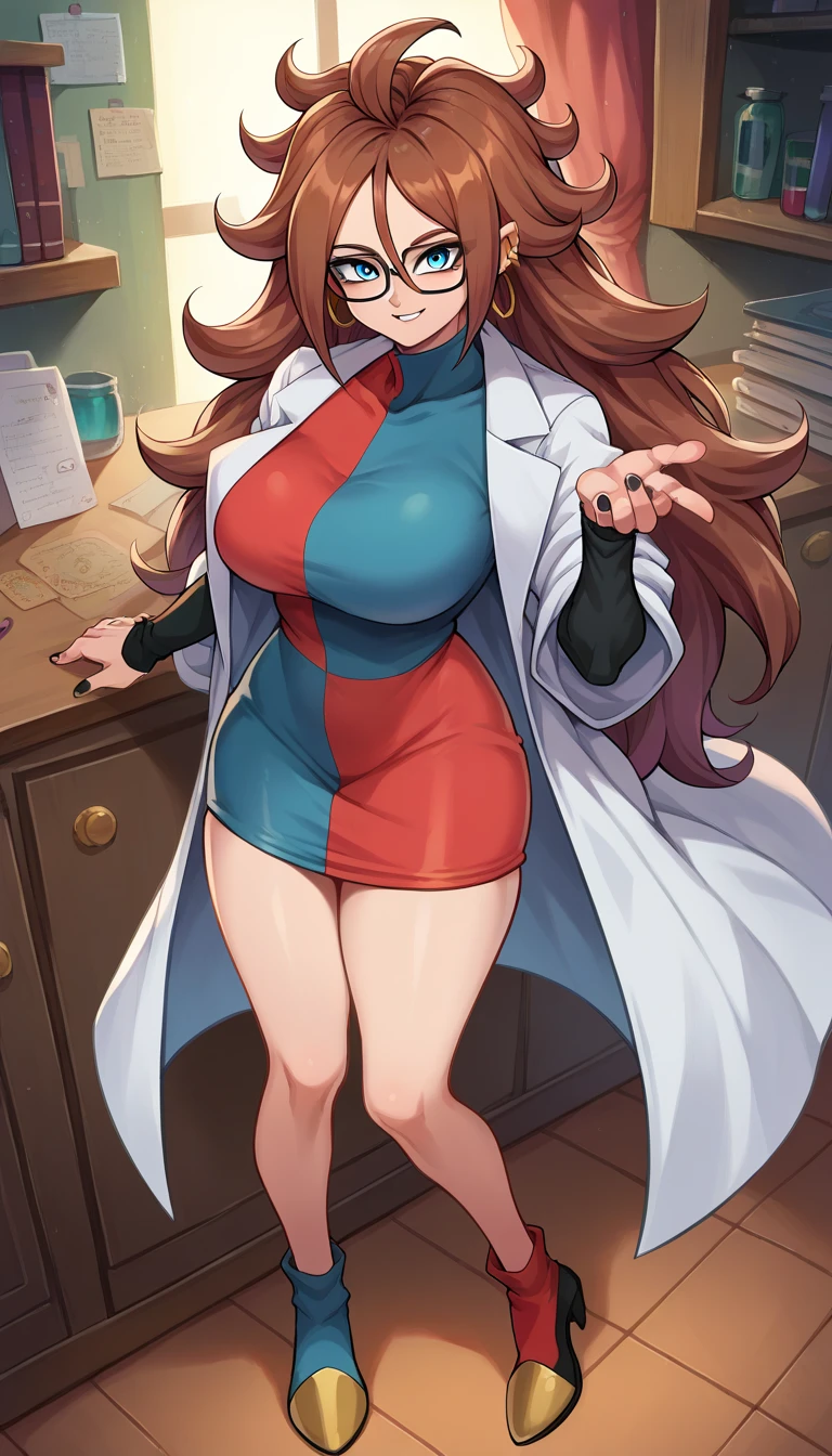 android 21, blue eyes, brown hair, glasses, long hair, very long hair, black-framed eyewear, smile,
black sleeves, checkered clothes, checkered dress, detached sleeves, dress, lab coat, turtleneck,
indoors,
looking at viewer, Big breasts, wide hips, thick legs, sexy body, full body, bicolor shoes