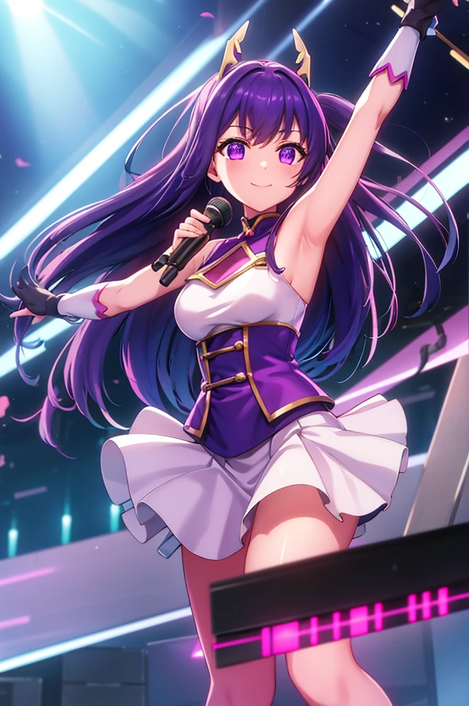  smiling 、mecha wing、Thighs、tights、chest、 Shiny Purple Hair 、  1 girl、 solo girl、 headset 、 Pink Miniskirt、mecha girl、microphone、Idol