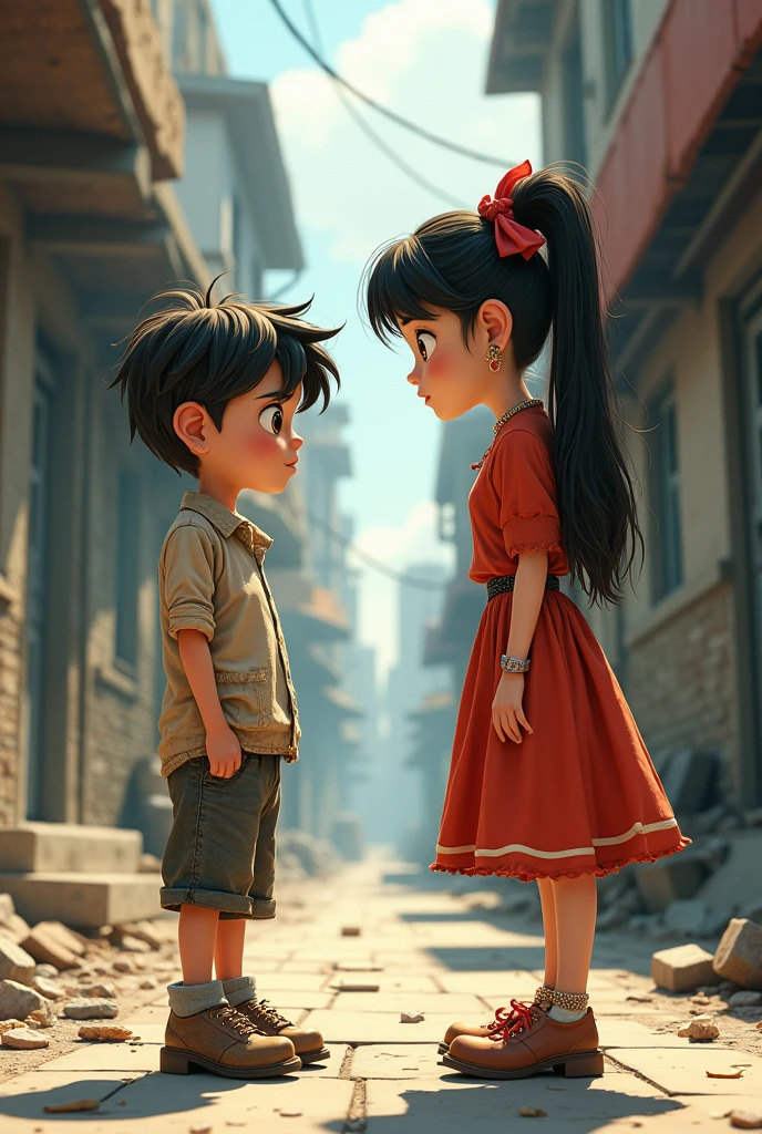 A handsome Indian boy who is 2, he is wearing black jeans and black overcoat like a villain, there is a very beautiful girl standing in front of him who is 2, her name is Shreyaa, she is wearing a sky blue frock, that girl is asking something to that boy in a lot of anger 