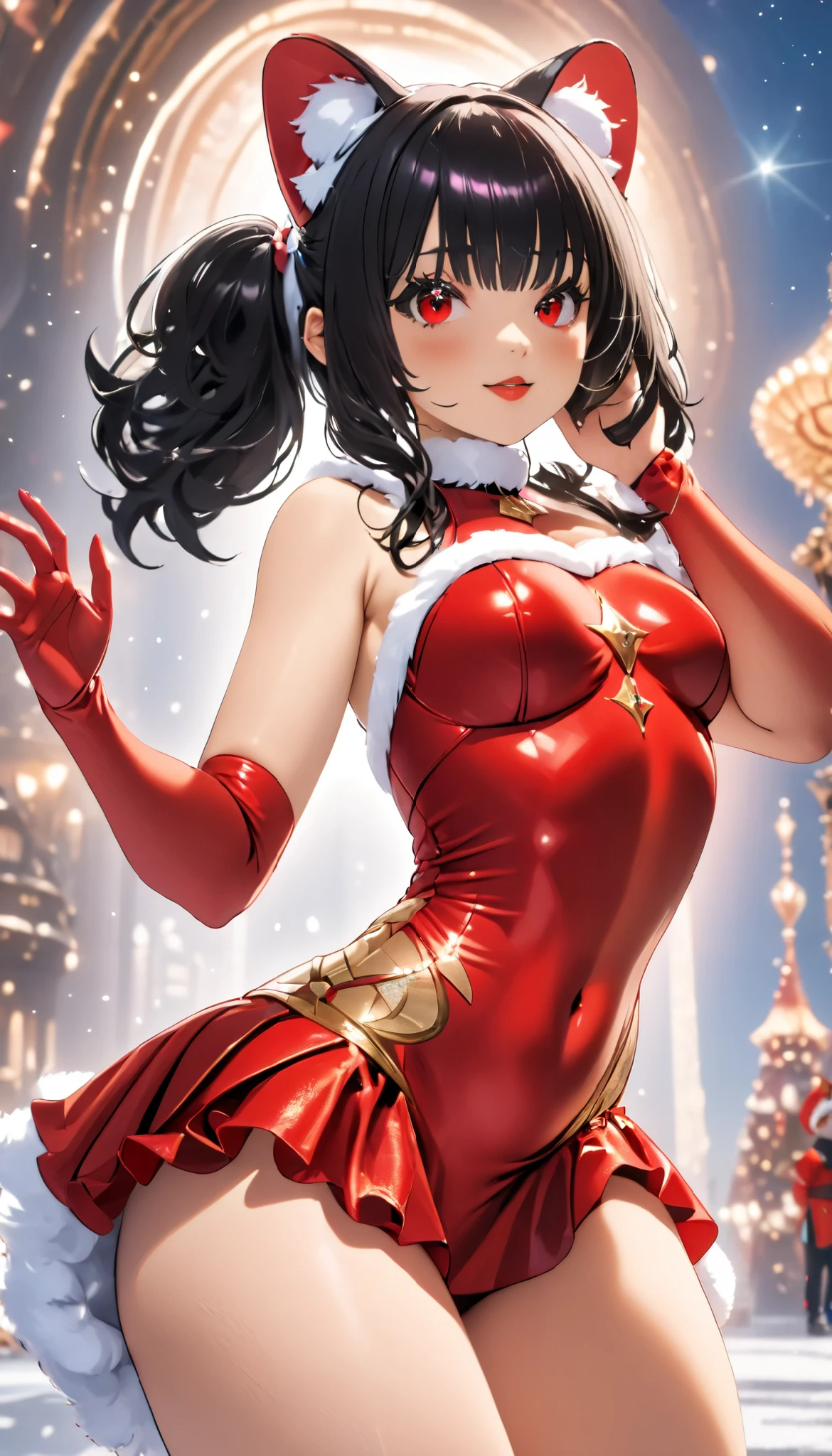 Sexy female hologram in Santa dress with Santa hat, ( junkotvvxl, black hair,  straight bangs , cat ears, red eyes), green team, inteligencia artificial, señor supremo de la IA, hologram, holographic,  round, cyberspace, vivid, extremely beautiful  round piercing eyes, looking at the viewer,  Movie Scene , Hero view , action pose, Scenery,  detailed background ,  masterpiece ,  better quality ,  anatomy, intricate, elegant,  absurdres, 8K 