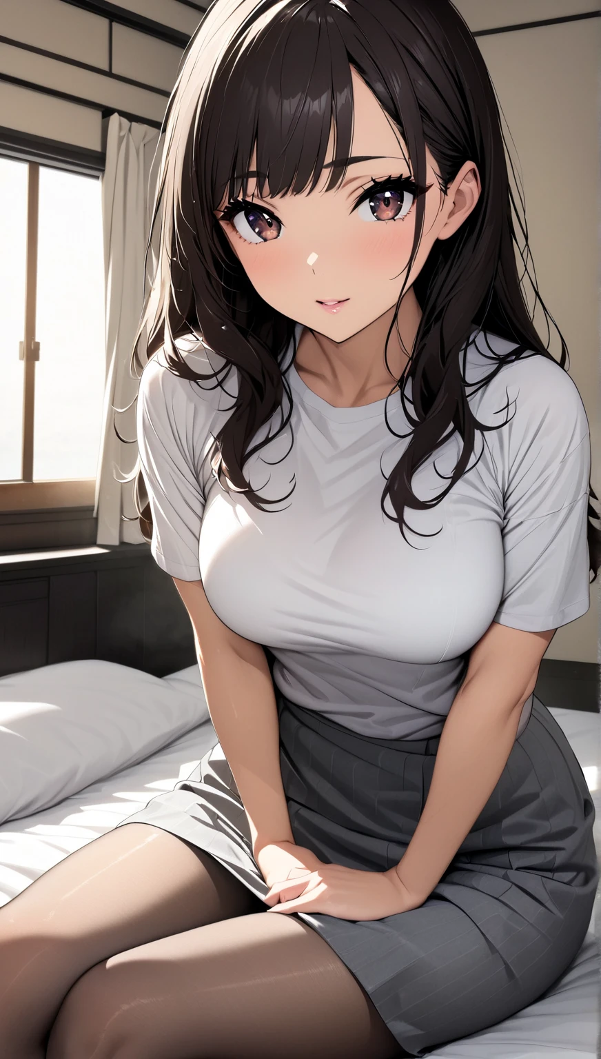 masterpiece, high resolution, beautiful woman, Japan beauty, 30 years old, beautiful woman, (high resolution eyes), (cute eyes), bangs, dark hair, long hair, brown eyes, cute eyes, medium breast, tight white tee shirt, long sleeves, black pantyhose, pantyhose, grey skirt, bedroom, sit on bed, legs crossed