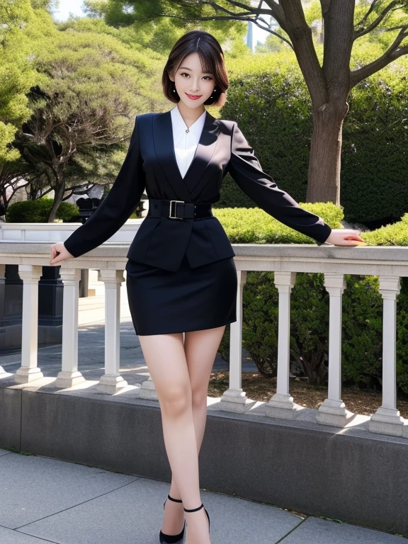  hyperrealistic 8K,  ultra-high definition and realistic depiction , I'm wearing , fashion photography, (Full body leg shot ), A Japanese woman is standing, Vintage and beautiful Japanese female models,  full-body image of a Japanese woman in an empty park , Hands behind the body,  I'm wearing a strict black business suit , Black short tight skirt ,  black ankle strap pumps, Seductive figure ,  , Delicate makeup,  beautiful face, Smiling, The eyes of the audience , My eyes are very well-balanced ,  very detailed eyes,  Thin Waist,  thin thighs 