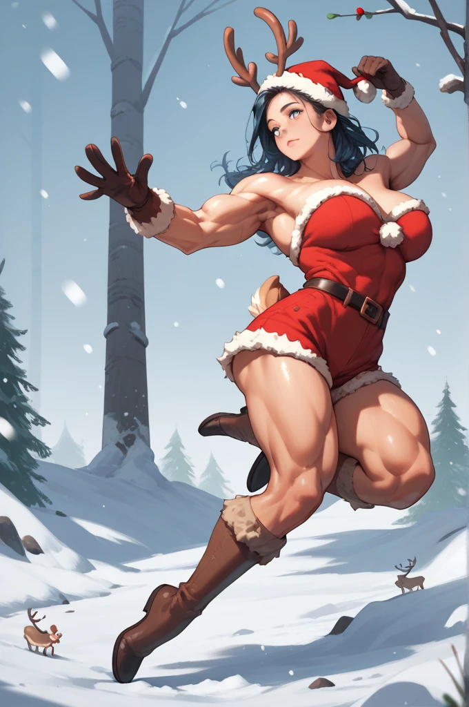 (Whole body:1.3) masterpiece, best quality, 1girl, korra, bright pale blue eyes, deep chestnut brown skin, dark skin, toned arms , (strong shoulders) , mild abs, (toned thighs), thighs showing, midriff showing, smile,standing, arms behind head pose, snow field, surrounded by mystical fire ring,