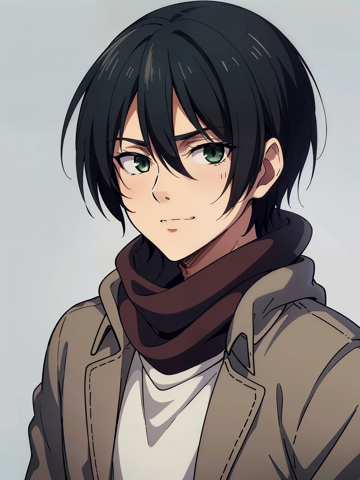 (high-quality, breathtaking),(expressive eyes, perfect face) 1boy, male, solo, portrait, narrow eyes, kind face, neutral expression, soft cute smile, aot style, portrait, Symmetrical Eyes, black hair, green eyes, teenager, grey background, grey coat, white turtleneck shirt, green backpack, black pants, mappastyles4, fluffy hair, half closed eyes, looking at viewer, facing viewer, red scarf, yeenager, young face, apocalypse clothing
