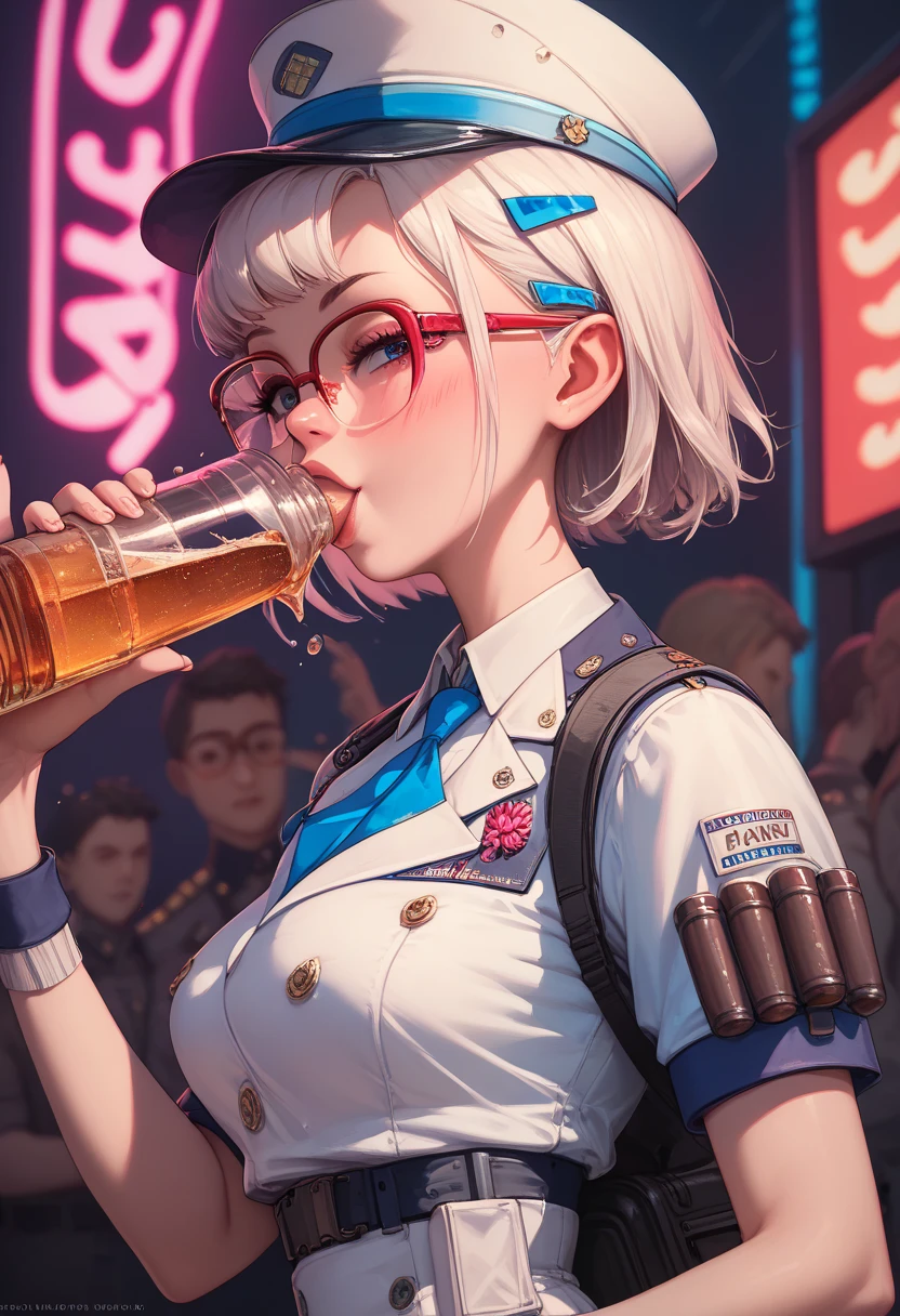 neon, short hair, white color, glasses,  uniform , seductive,  drinking alcohol, drunk