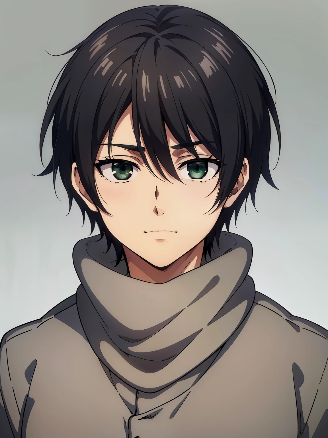 (high-quality, breathtaking),(expressive eyes, perfect face) 1boy, male, solo, portrait, narrow eyes, kind face, neutral expression, soft cute smile, aot style, portrait, Symmetrical Eyes, black hair, green eyes, teenager, grey background, grey coat, white turtleneck shirt, green backpack, black pants, mappastyles4, fluffy hair, half closed eyes, looking at viewer, facing viewer, red scarf, yeenager, young face, apocalypse clothing
