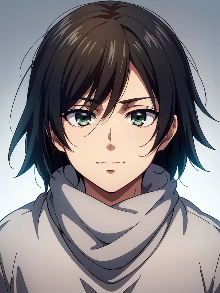 (high-quality, breathtaking),(expressive eyes, perfect face) 1boy, male, solo, portrait, narrow eyes, kind face, neutral expression, soft cute smile, aot style, portrait, Symmetrical Eyes, black hair, green eyes, teenager, grey background, grey coat, white turtleneck shirt, green backpack, black pants, mappastyles4, fluffy hair, half closed eyes, looking at viewer, facing viewer, red scarf, yeenager, young face, apocalypse clothing
