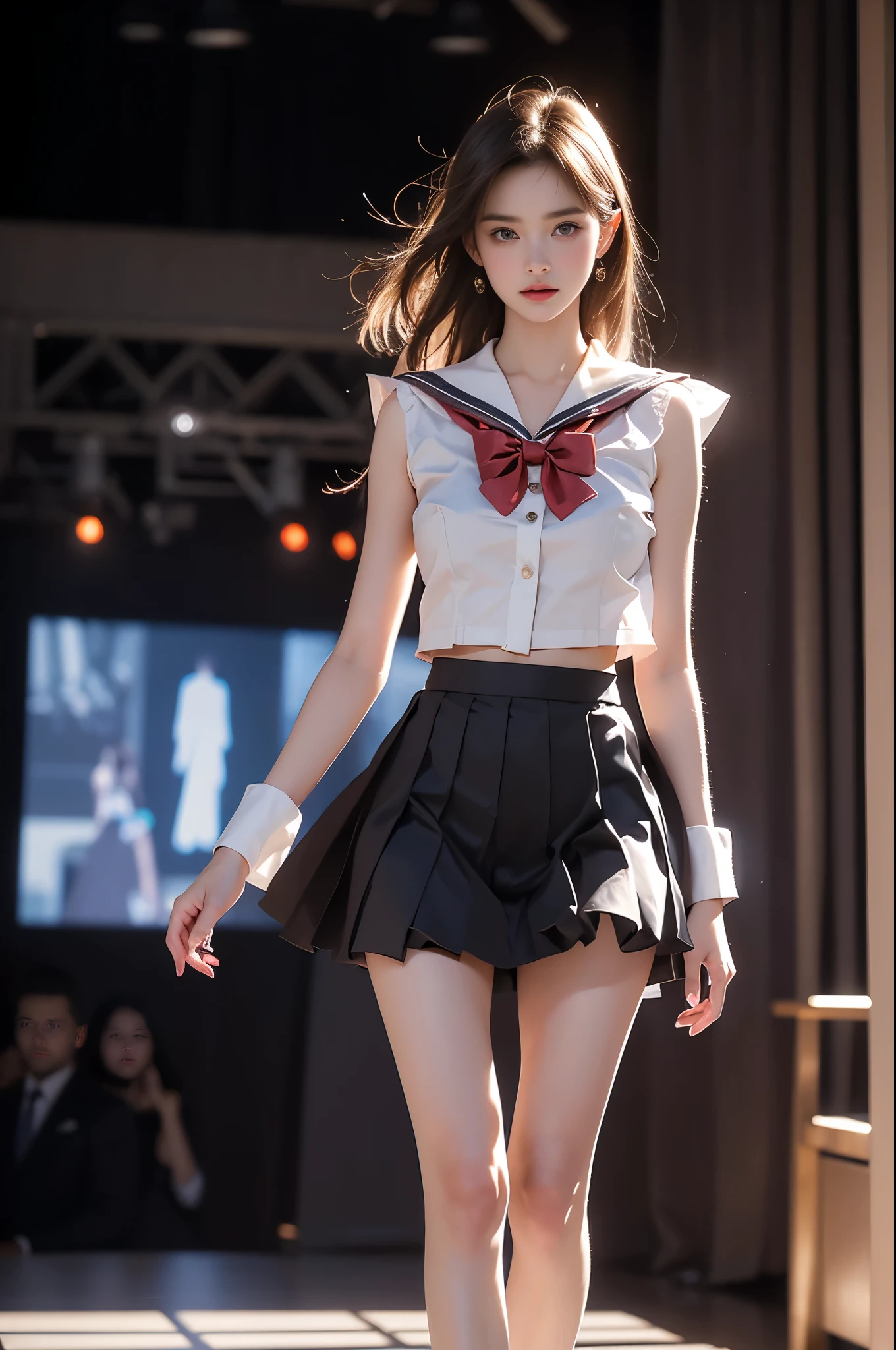 school uniform, bowtie, sailor collar, pleated skirt ((3/4 shot:1.3)), (1girl solo), A stunningly beautiful model on a runway stage, (Full breasts, very short hemlines, revealing smooth thighs), (Warm colors, warm soft lighting), hyperrealistic, confidently walking down a fashion show runway with long, slender, and well-proportioned legs. The model's posture is perfect, exuding elegance and allure, with a fluid and dynamic walking pose. with intricate textures and professional tailoring. The runway is illuminated by dramatic, cinematic lighting, surrounded by a surreal atmosphere of ethereal spotlights and soft, dreamy colors. High-quality details, hyperrealistic textures, HDR quality, correct anatomy, professional fashion photography style, cinematic composition, elegant and classy, photorealistic, ultra-detailed, a perfect blend of realism and artistic expression.