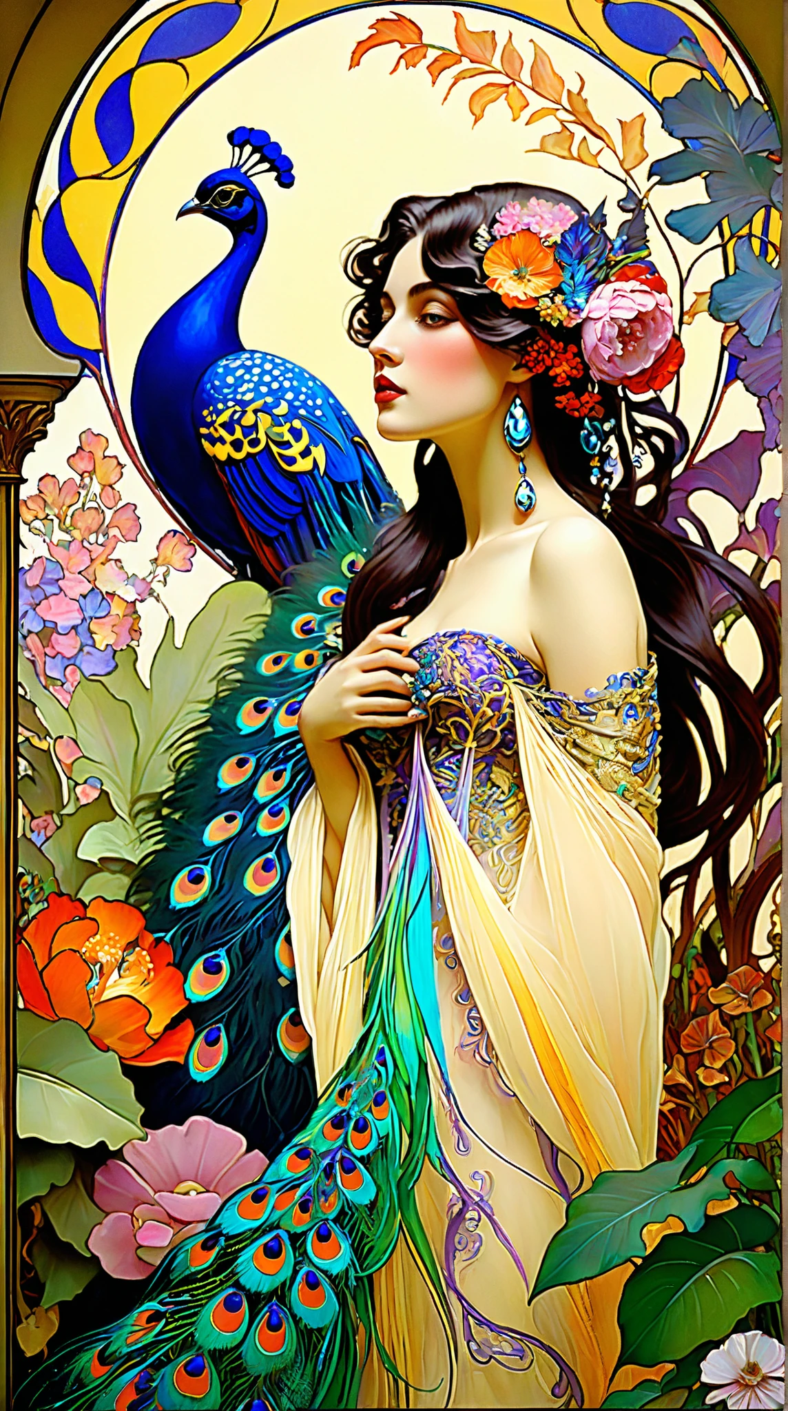 breathtaking Jugendstil scene, Leon Bakst inspired,hot, sexy, dreamy fantasy paradise, vibrant, serialist colorful patterns, Art Nouveau style, lush tropical garden, sprawling florals, peacocks, elegant feminine figures, flowing silk fabrics, glittering jewels, ornate architectural details, exotic birds, realistic high details, impressionist brushstrokes, Gustav Klimt and Alfons Mucha influences