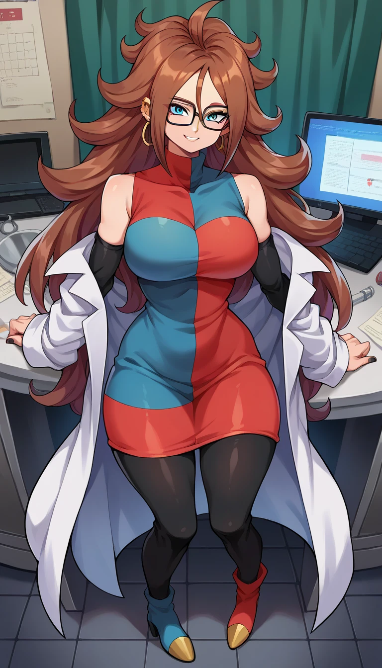 android 21, blue eyes, brown hair, glasses, long hair, very long hair, black-framed eyewear, smile,
black sleeves, checkered clothes, checkered dress, detached sleeves, dress, lab coat, turtleneck,
indoors,
looking at viewer, Big breasts, wide hips, thick legs, sexy body, full body, bicolor shoes, Black pants