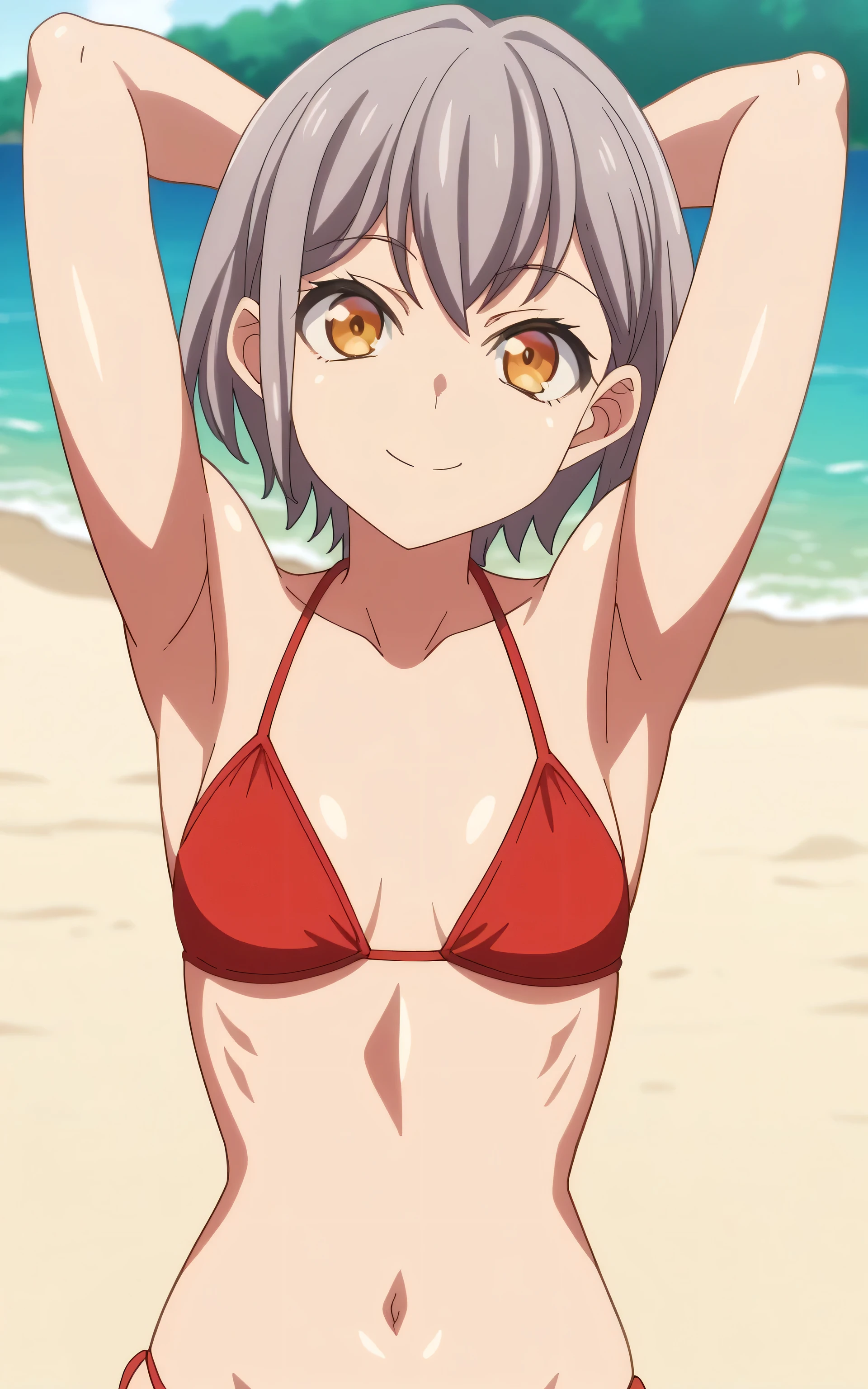 solo, 1girl, looking at viewer, 2D, anime, anime coloring, high quality, solo, night sky, beach, arms behind head, contrapposto, closed mouth, spread armpits, (cowboy shot:1.5), looking at viewer, smile, best quality, sanya v. litvyak, black bikini, white shorts, smile, blushing, shy