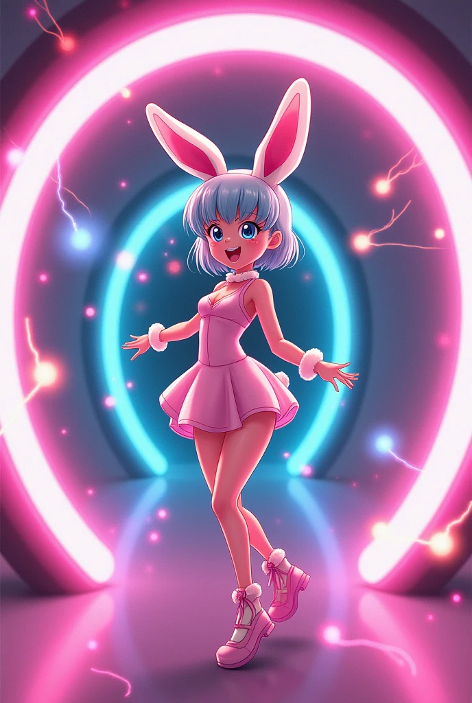 score_9, score_8_up, (masterpiece, best quality:1.1), cute woman in intricate sci-fi dress, dark cinematic lighting, dark neon colors, led lights, fractal style, real, photo, 35mm lens, sharp focus, lens effect, lens glare, dress, white gloves, white bunny, bunny girl, anthro bunny, (arms behind her back, proud pose:0.64)