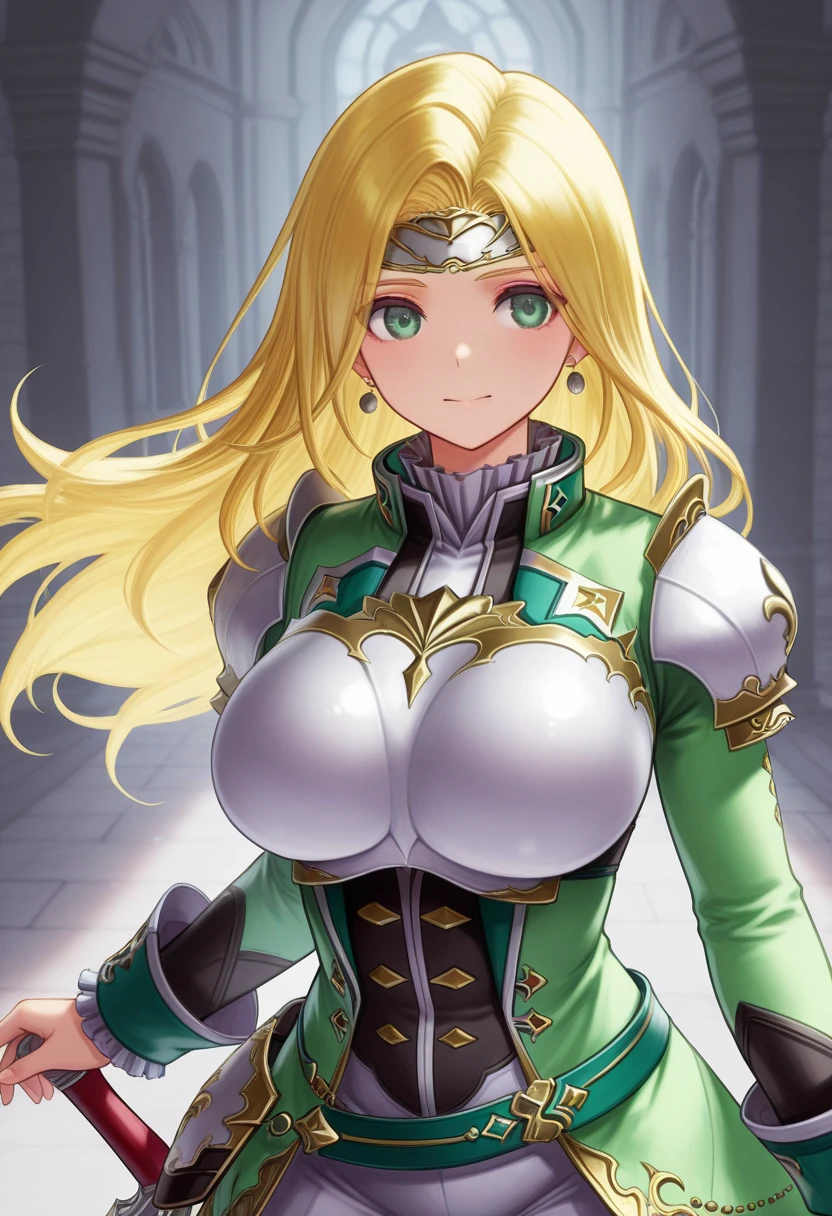 blonde hair,long hair,green eyes,liza (romancing saga 2),best quality,masterpiece,huge breasts,armor,,sword