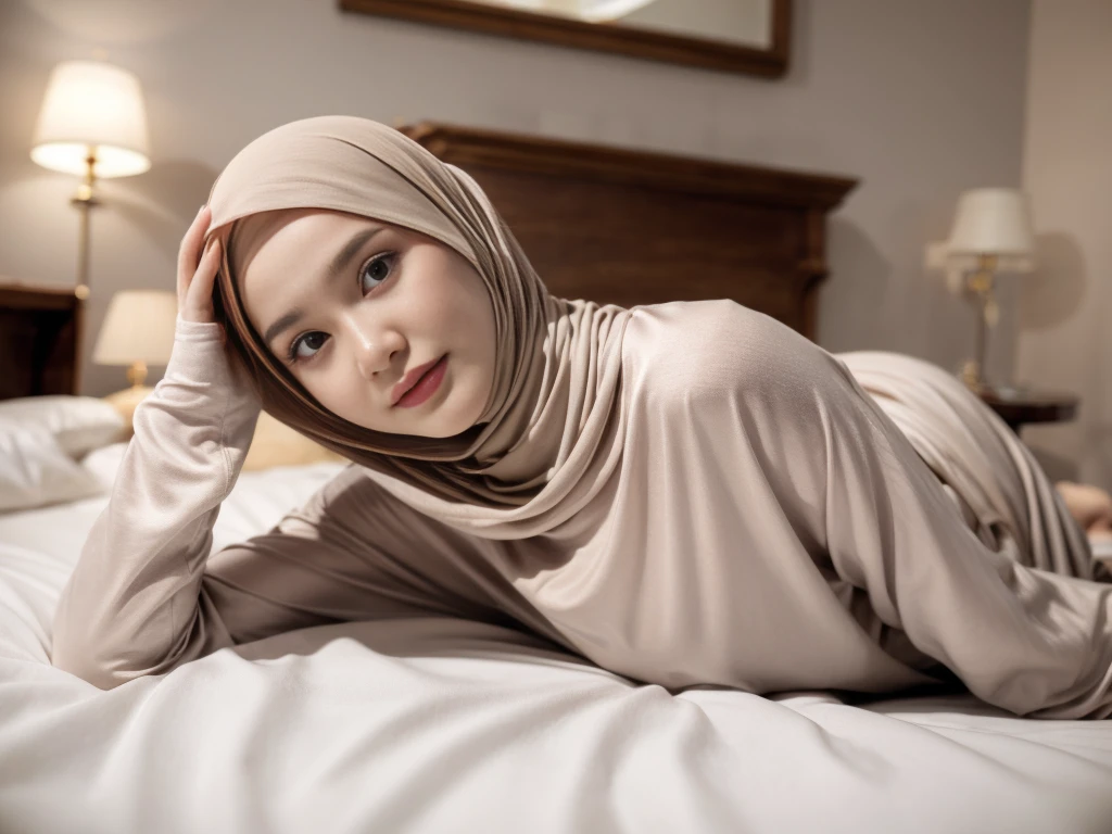 matured malay woman in hijab naked sleeping in bed portrait photography, lying in bed naked, mid shot photo, ultra detail, professional photograph with professional lighting, smile, light blue bed, bedroom, sexy seducing sleep pose, curvy