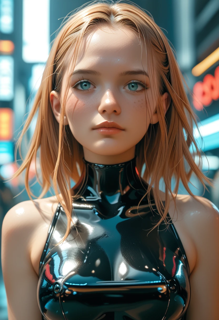 fotorealizm sztuka uliczna studyjne swiatło Brak stanika, seksowny gorący biust, duży biust. blond włosy niebieskie oczy ,koronkowe czarne latex majtki ,cyberpunk 