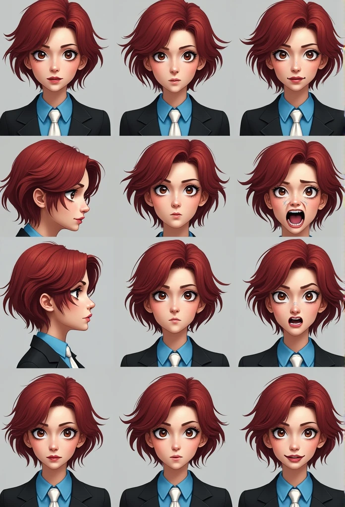 masterpiece,best quality,ultra detailed,detailed face,1girl,left three-quarter view,grey background,close-up,female focus,face expression sheet,same person,9 face expressions,grid,facing viewer,looking at viewer,short hair,messy hair,bangs,deep red hair,smile,laughing,crying,tired,sly smirk,shy,grumpy,surprised,terrified,white necktie,bright blue collared shirt,black suit,best quality,masterpiece,highly detailed,super detailed,8k,