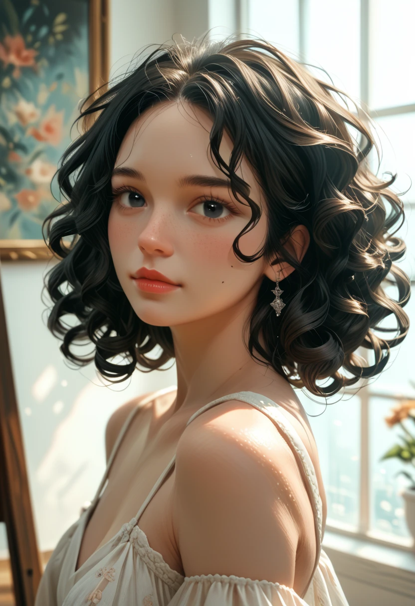 fotorealizm 16k piegowata girl with black curly hair and (black eyes), stunning digital illustration, beautiful digital artwork, exquisite digital illustration, gorgeous digital art, beautiful digital illustration, 4k highly detailed digital art, digital painting art, realistic