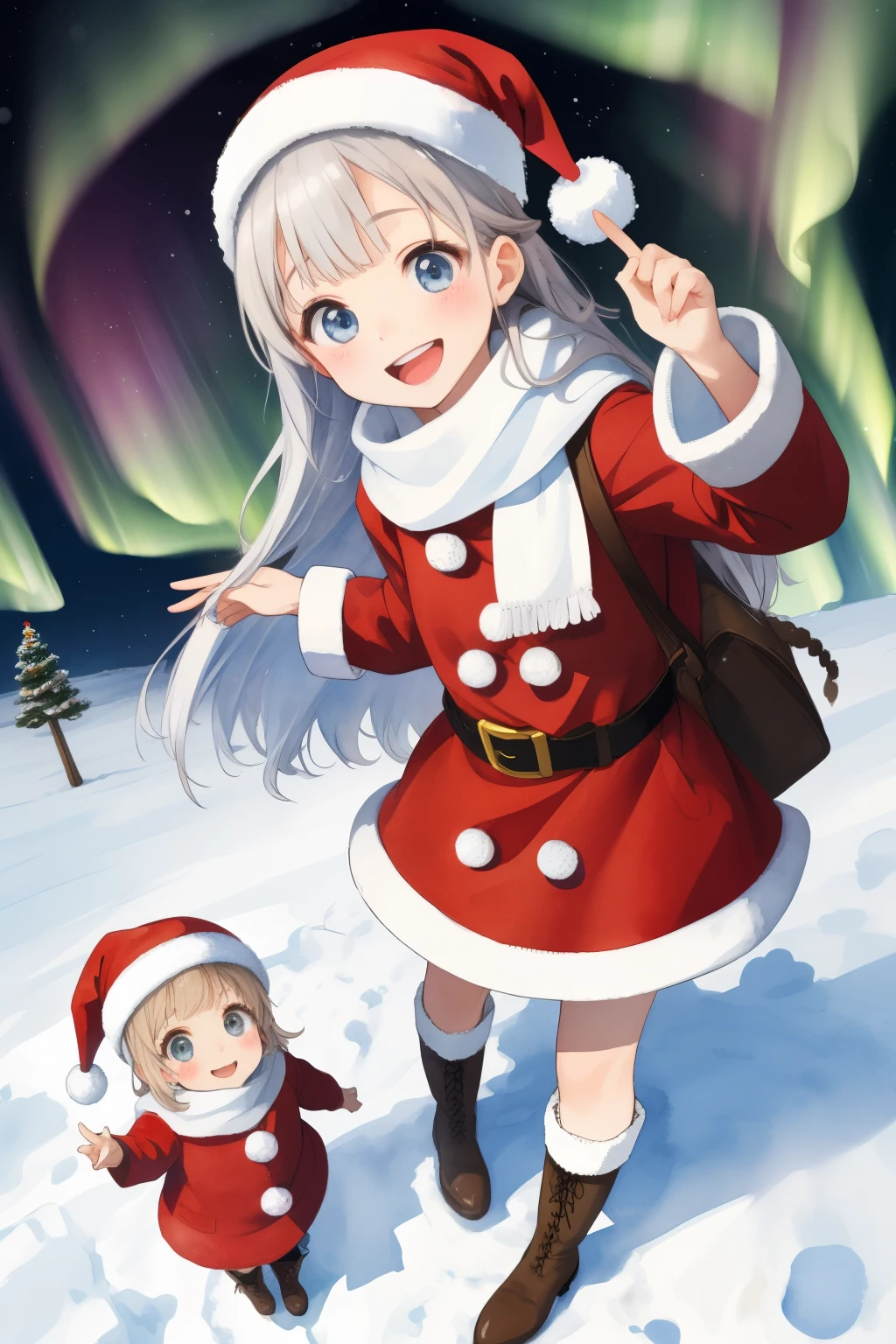  score_9、 score_8_up、 score_7_up、nakedにして下さい， greatest masterpiece， top quality， high image quality，( super flat， flat shading )， fisheye lens， Beautiful Petite Trained Young Mother and Her Very Adorable Little Trained Daughter:1.2，  warm scarf， Santa Claus costume，Christmas anime style costume ，(naked)， long hair， boots，smile, smile，White Breath:1.2，fun, play, winter, snow, 新snow，At dusk，Beautiful Aurora，Wide angle,  bright color , watercolor, Ghiblista Raising Gesture ，