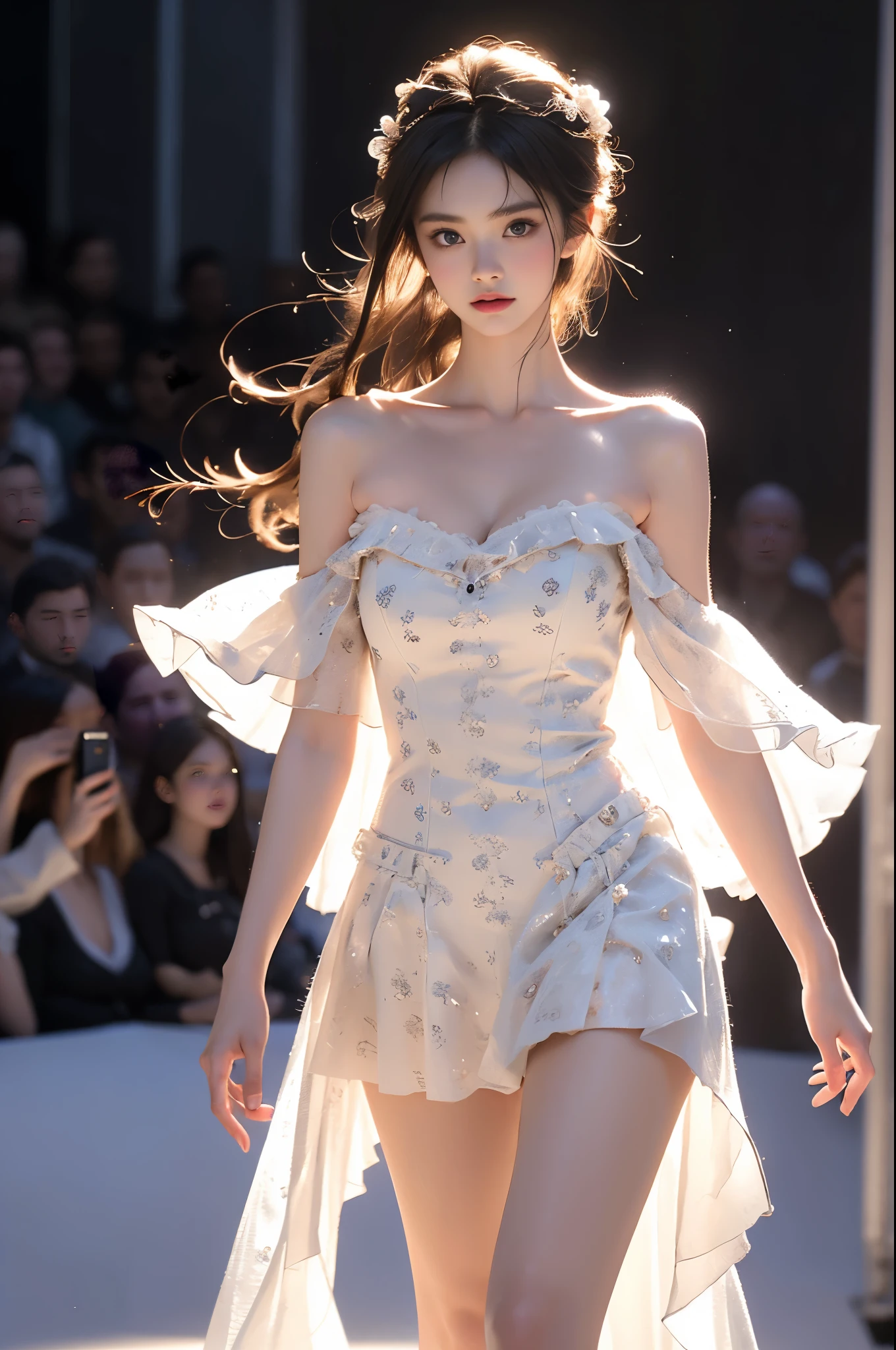 ((3/4 shot:1.3)), (1girl solo), A stunningly beautiful model on a runway stage, ((single bare shoulder)), (Full breasts, visible cleavage, very short hemlines, revealing smooth thighs), (Warm colors, warm soft lighting), hyperrealistic, confidently walking down a fashion show runway with long, slender, and well-proportioned legs. The model's posture is perfect, exuding elegance and allure, with a fluid and dynamic walking pose. with intricate textures and professional tailoring. The runway is illuminated by dramatic, cinematic lighting, surrounded by a surreal atmosphere of ethereal spotlights and soft, dreamy colors. High-quality details, hyperrealistic textures, HDR quality, correct anatomy, professional fashion photography style, cinematic composition, elegant and classy, photorealistic, ultra-detailed, a perfect blend of realism and artistic expression.
