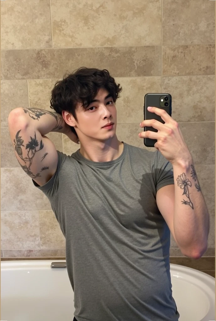 Youngh, 5, smooth handsome goatee, muscular man photo in the mirror looking at the camera with a small smile on his face straight dark hair jungkook