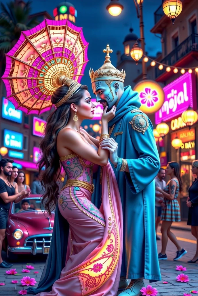 a high quality digital art of a mystical (genie) dancing with a tin man under the enchanting glow of "Hot Havana Nights", electric love, magical realism, vibrant colors, surreal, fantasy, glowing lights, dynamic poses, dreamlike, fantasy artwork, night scene, medium complexity, magical atmosphere.