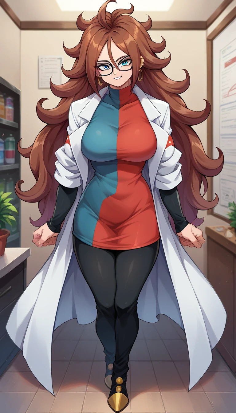 android 21, blue eyes, brown hair, glasses, long hair, very long hair, black-framed eyewear, smile,
black sleeves, checkered clothes, checkered dress, detached sleeves, dress, lab coat, turtleneck,
indoors,
looking at viewer, Big breasts, wide hips, thick legs, sexy body, full body, bicolor shoes, Black pants