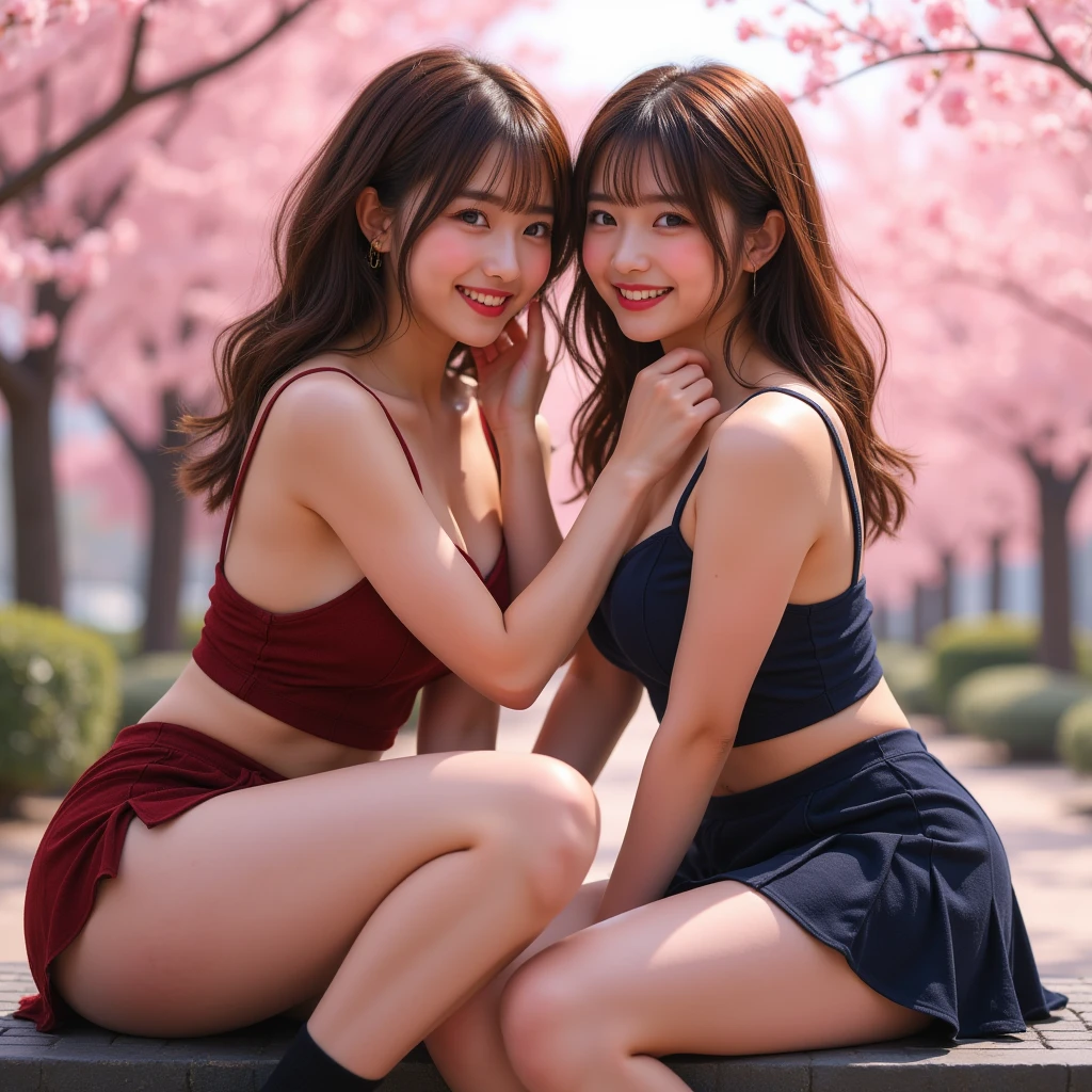 『２人の girl:1.3』『 REAL PHOTO:1.3』 top quality:1.2、(( Big Breasts ))、 I can see a little cleavage 、(( young woman))、(( has red cheeks))(( I'm showing my teeth and laughing 1 :3))、((( anatomically correct、 perfect anatomy、 anatomically correct指)))、( plump body)、２People have different hairstyles 

(  Masterpiece  , top quality, super high resolution), comet ,  gal、とても美しい20歳の girl,  girl、  look at the photographer ､( lip gloss)､(Perfect body、  small beautiful breasts in an elegant dress 、、Wet whole body、  Perfect Anatomy ),(((Beautiful Hair､､)))､((( sexy uniform 、1.5， miniskirt、 black knee socks 、))) melting expression when seducing men、Sweet expression、pure white、 beautiful skin 、Watery eyes、Glitter Hair、The color of youth 、  kind smiles､ double eyelids ､(In the cherry blossom blizzard、 sitting on a bench;; stroking the back of their necks .:1.6)、 I have legs crossed 、 open thighs、 model pose