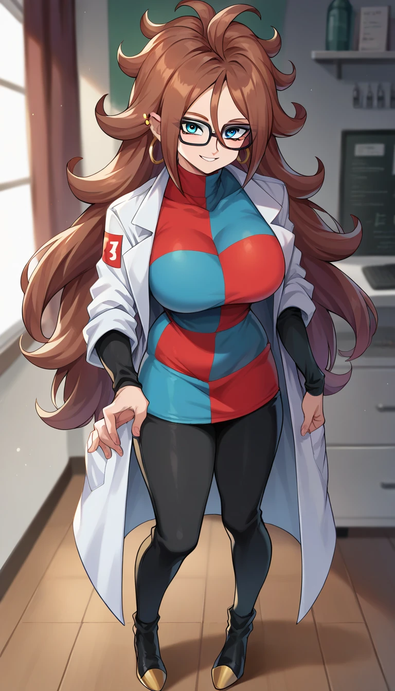 android 21, blue eyes, brown hair, glasses, long hair, very long hair, black-framed eyewear, smile,
black sleeves, checkered clothes, checkered dress, detached sleeves, dress, lab coat, turtleneck,
indoors,
looking at viewer, Big breasts, wide hips, thick legs, sexy body, full body, bicolor shoes, Black pants