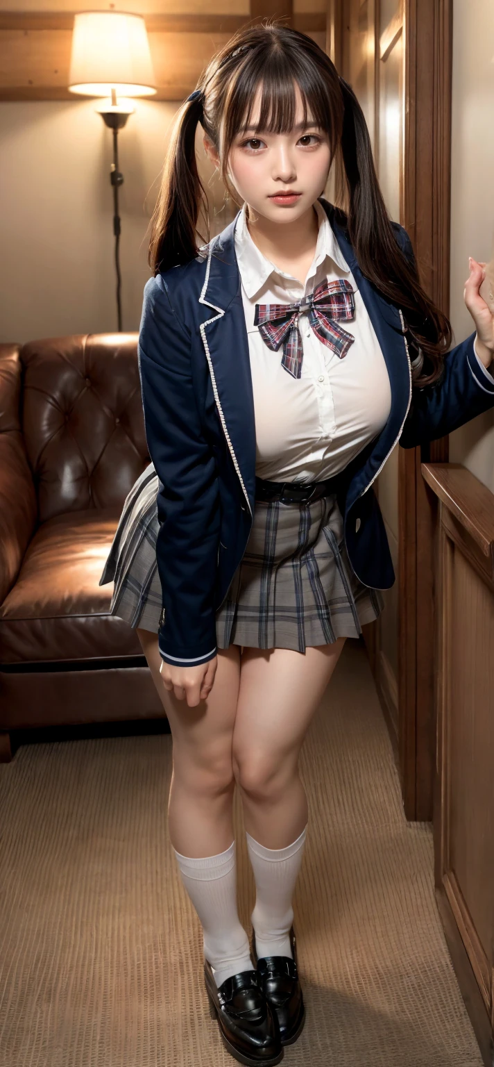 (masterpiece:1.2, Highest quality), (Realistic, Photorealistic:1.4), Beautiful illustrations, (Natural Side Lighting, Cinema Lighting), Written boundary depth, Looking at the audience, Front view, 1 person, English, high school girl, 20-year-old, Perfect Face, Symmetrical cute face, Glowing Skin, Spread your legs, (ボブヘア:1.7, ブロンド), Asymmetrical bangs, Big eyes, Droopy eyes, long eyelashes chest), thin, Beautiful Hair, Beautiful Face, Beautiful and beautiful eyes, Beautiful clavicle, Beautiful body,  Beautiful thighs, Beautiful legs, Beautiful fingers, ((High quality fabric, Brown knitted vest, Short sleeve white collar shirt, ネイビーのプリーツスカート, Navy bow tie)), (Beautiful views), evening, (Inside the flower shop), Are standing, (smile, wonderful, Open your mouth), (((スカートめくり, ズボンがない, Genitals are visible))), Full Body Shot, Dark blue socks, Sexy Face, 