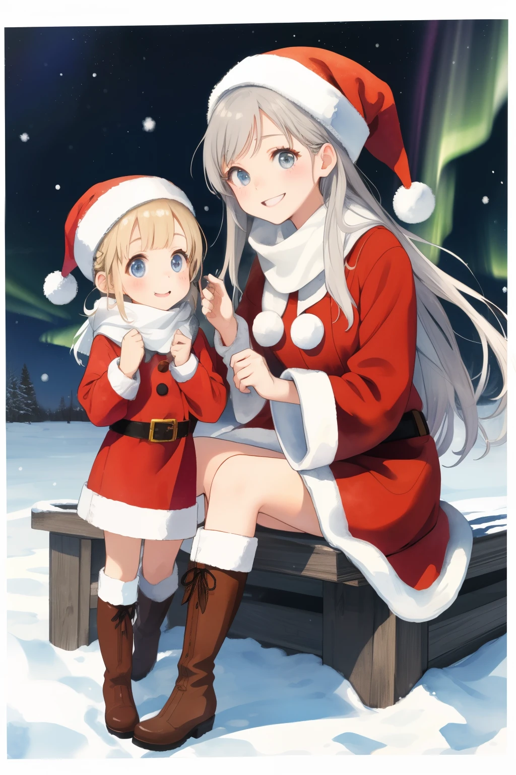  score_9、 score_8_up、 score_7_up、nakedにして下さい， greatest masterpiece， top quality， high image quality，( super flat， flat shading )， fisheye lens， Beautiful Petite Trained Young Mother and Her Very Adorable Little Trained Daughter:1.2，  warm scarf， Santa Claus costume，Christmas anime style costume ，(naked)， long hair， boots，smile, smile，White Breath:1.2，fun, play, winter, snow, 新snow，At dusk，Beautiful Aurora，Wide angle,  bright color , watercolor, Ghiblista Raising Gesture ，